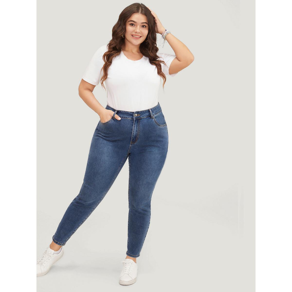 Plus Size Skinny Very Stretchy High Rise Medium Wash Ankle Jeans Women Blue Casual Plain High stretch Pocket Jeans BloomChic 10/M Product Image