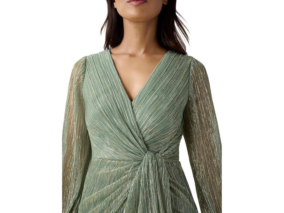 Adrianna Papell Metallic Long Sleeve Surplice V-Neck Ruched Detailed Draped Gown Product Image