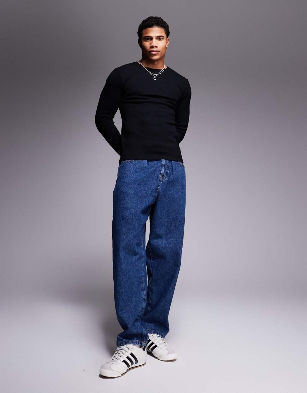 ASOS DESIGN muscle fit long sleeve rib t-shirt in black Product Image