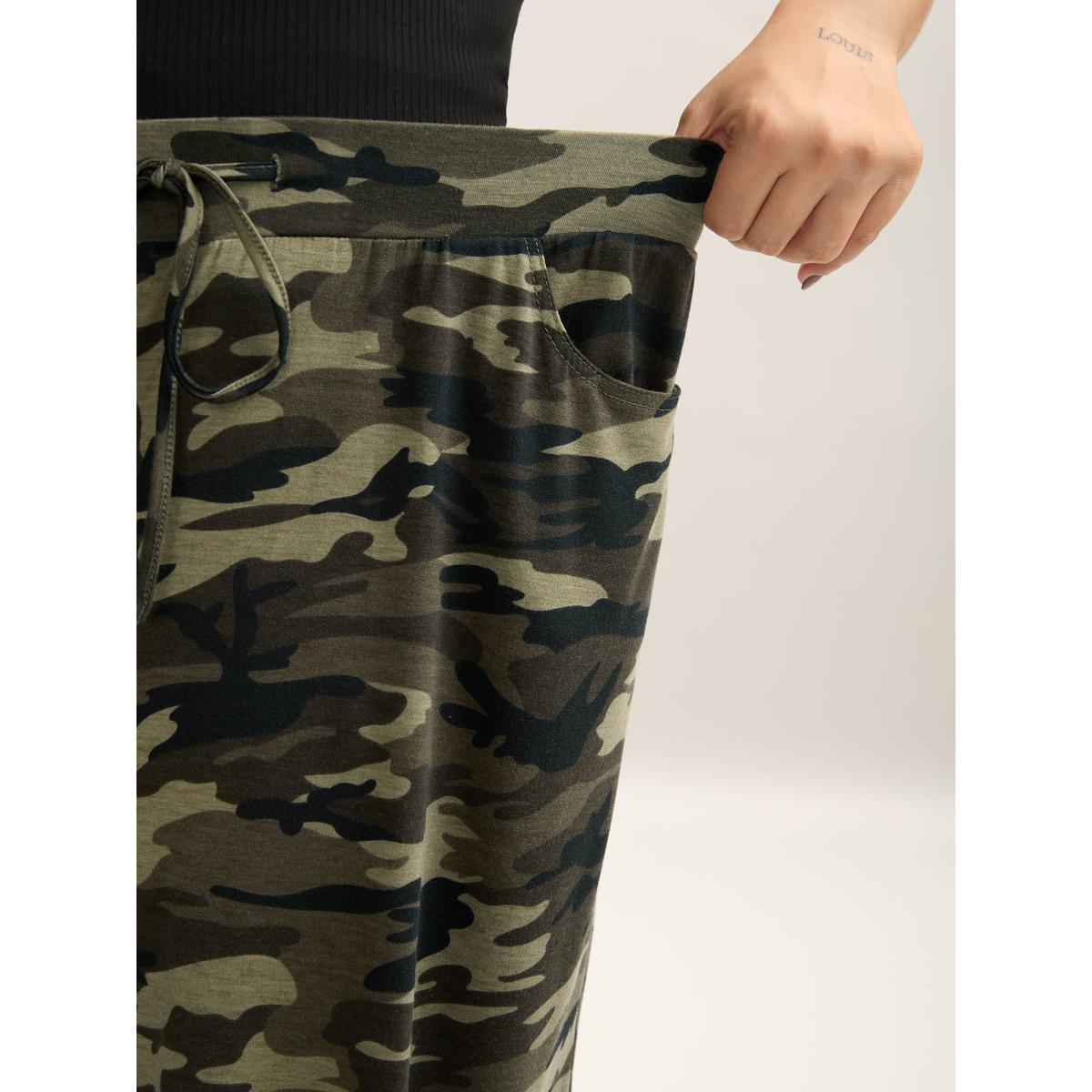 Plus Size Camouflage Print Tie-Waist Wide-Leg Pants Women ArmyGreen Casual Wide Leg Mid Rise Everyday-Casual Pants BloomChic 14-16/1X Product Image