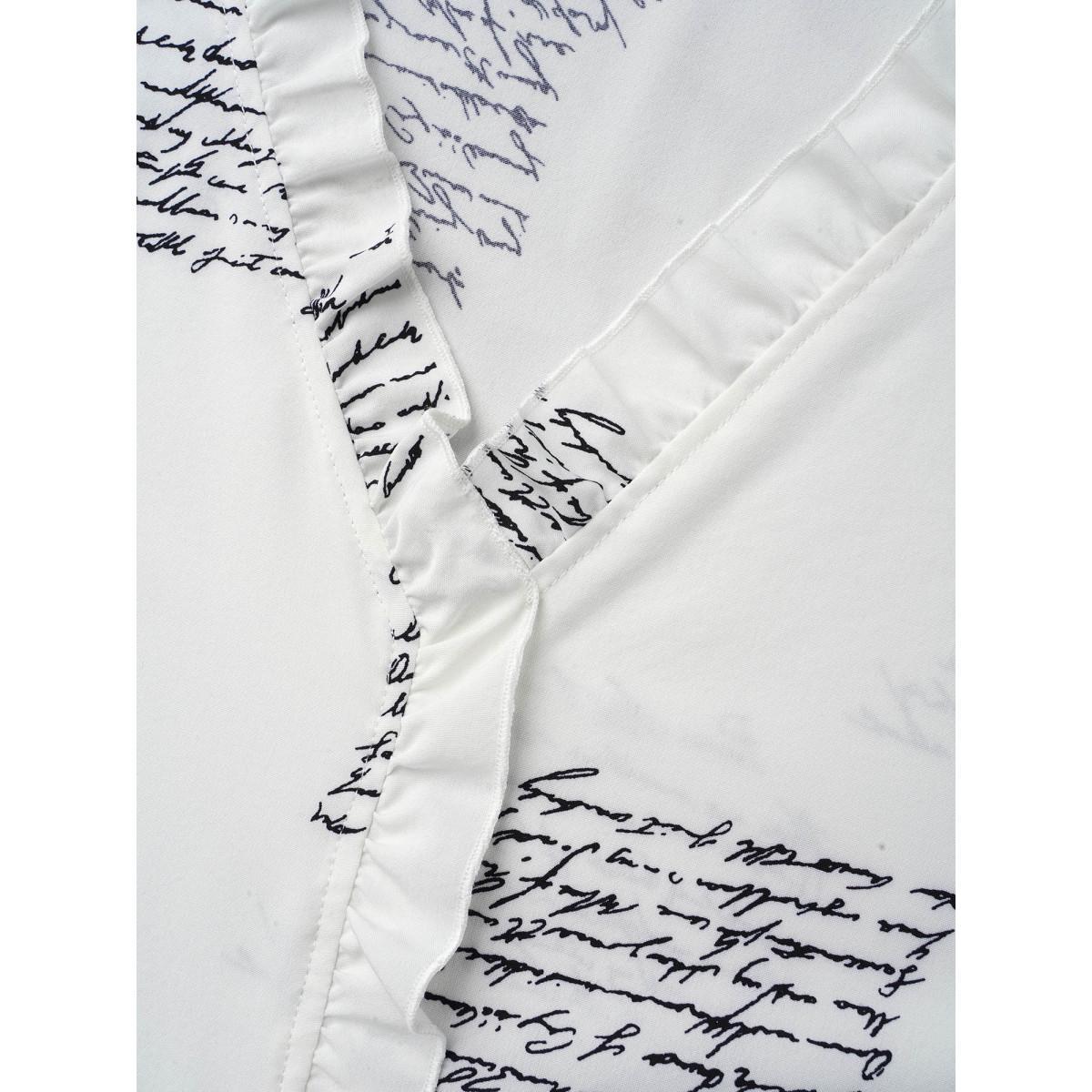 Plus Size Originalwhite Text Pattern Ruffled Lantern Sleeve Blouse Women At the Office Elbow-length sleeve V-neck Work Blouses BloomChic 30/6X Product Image