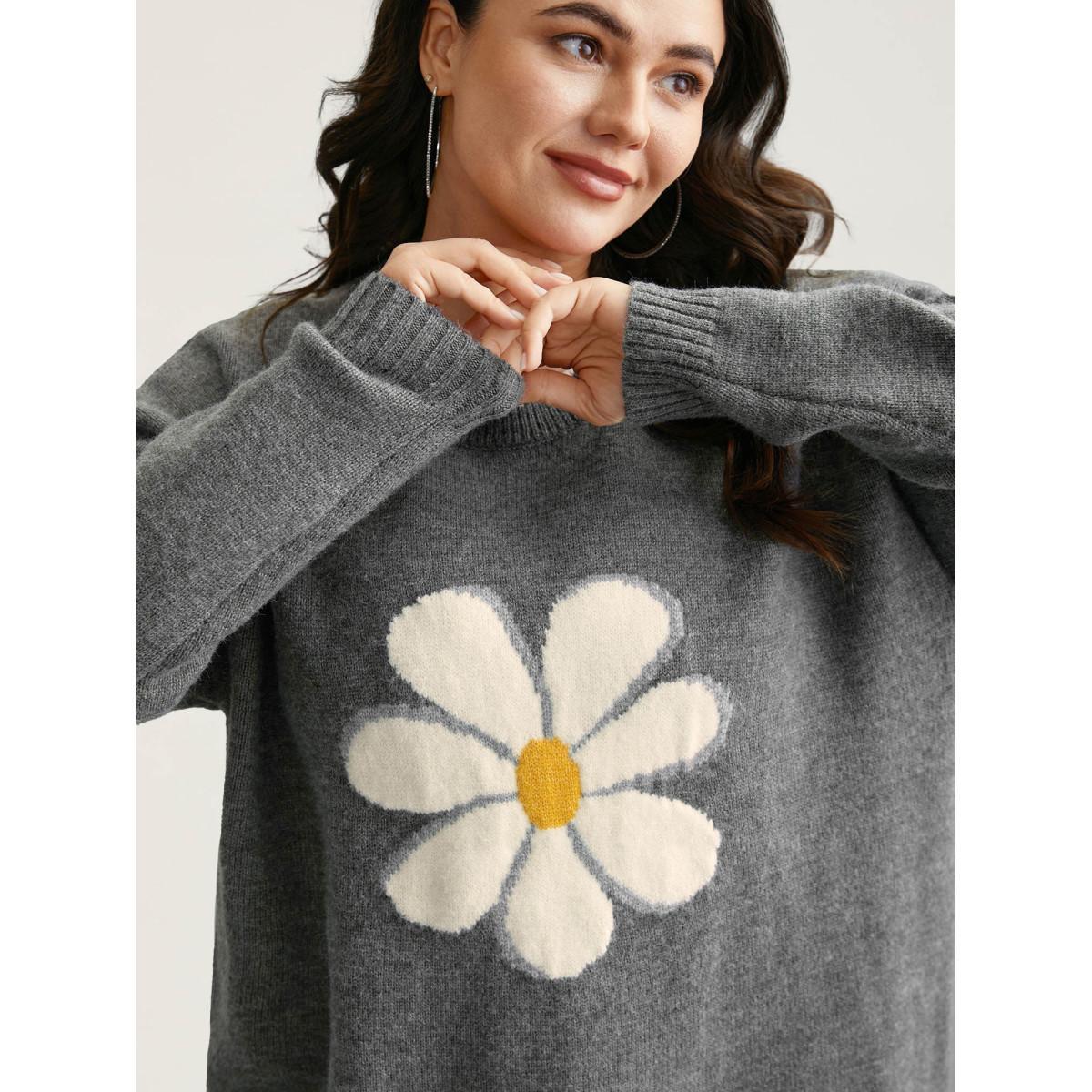 Plus Size Floral Textured Crew Neck Pullover DarkGray Women Casual Loose Long Sleeve Round Neck Everyday Pullovers BloomChic 26/4X Product Image