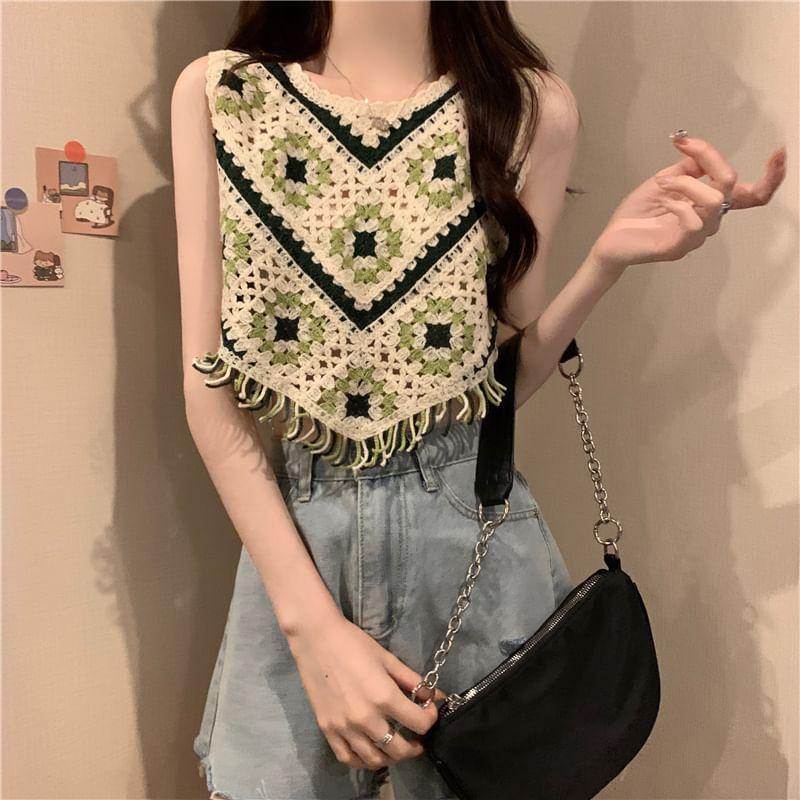 Patterned Asymmetrical Crochet Knit Crop Tank Top Product Image