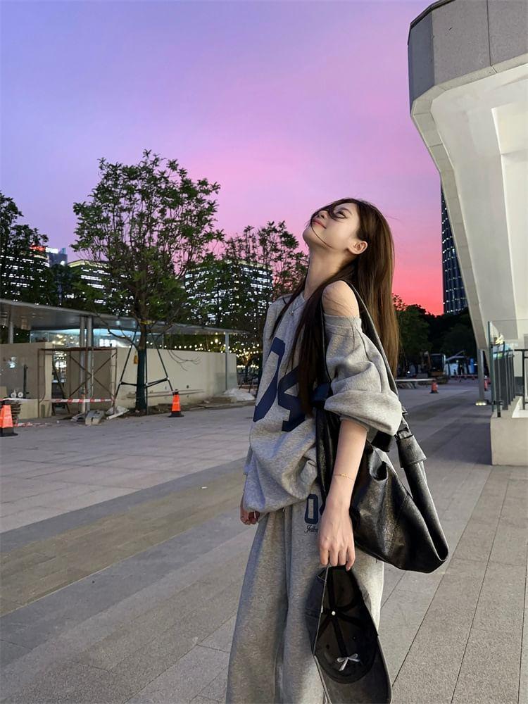 Off Shoulder Numbering Pullover / High Waist Wide Leg Sweatpants Product Image