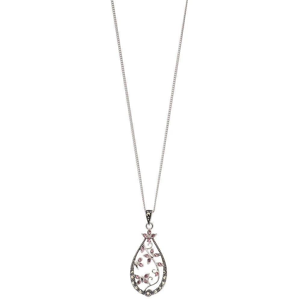 Tori Hill Sterling Silver Marcasite & Pink Crystal Flower Pendant Necklace, Women's, Size: 18" Product Image