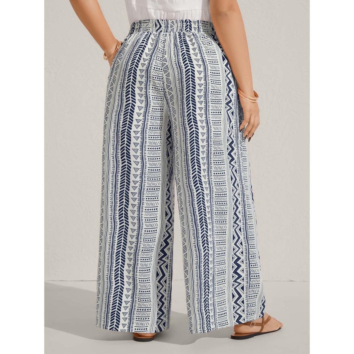 Plus Size Waist-Tie Wide-Leg Boho Print Pants Women LightBlue Casual Wide Leg Mid Rise Everyday-Casual Pants BloomChic 12/L Product Image