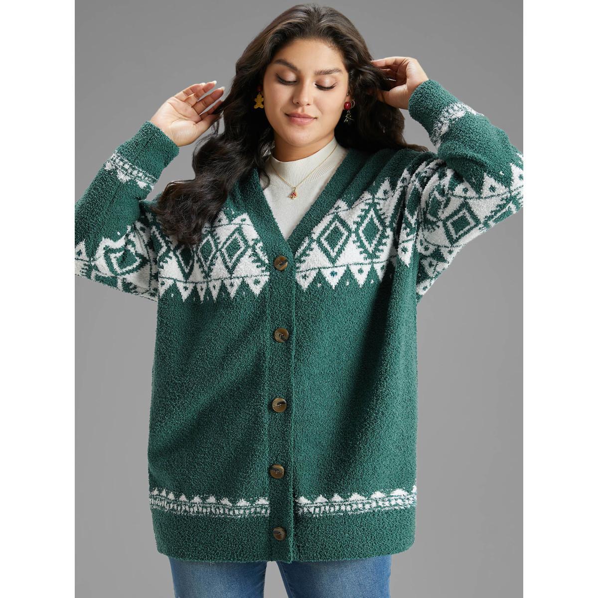 Plus Size Fuzzy Geo Graphic Button Fly Cardigan DarkGreen Women Casual Loose Long Sleeve Festival-Christmas Cardigans BloomChic 14-16/1X Product Image