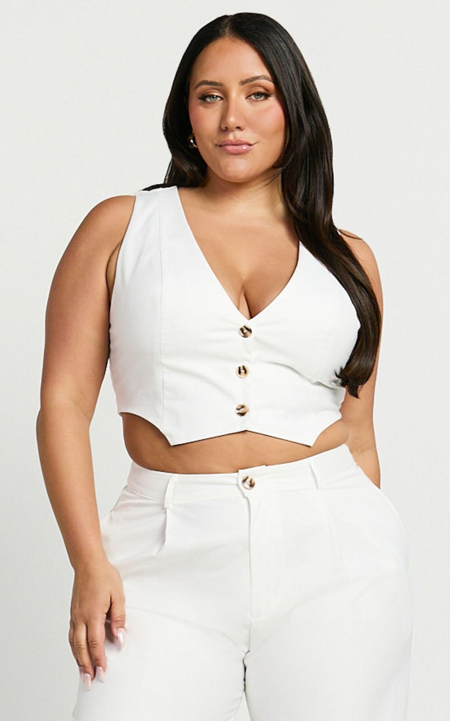 Izara Vest - V Neck Button Up Cropped Vest in Warm White Product Image