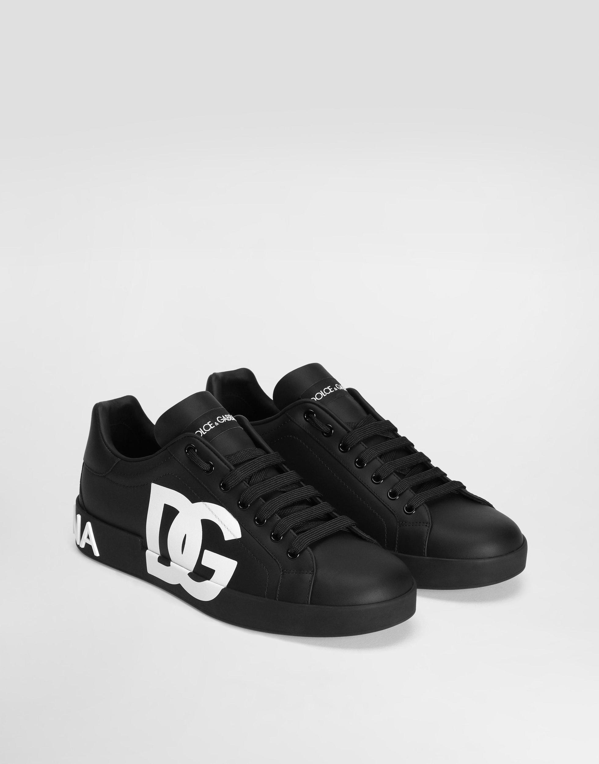 DOLCE & GABBANA Calfskin Nappa Portofino Sneakers With Dg Logo Print In Nero Product Image
