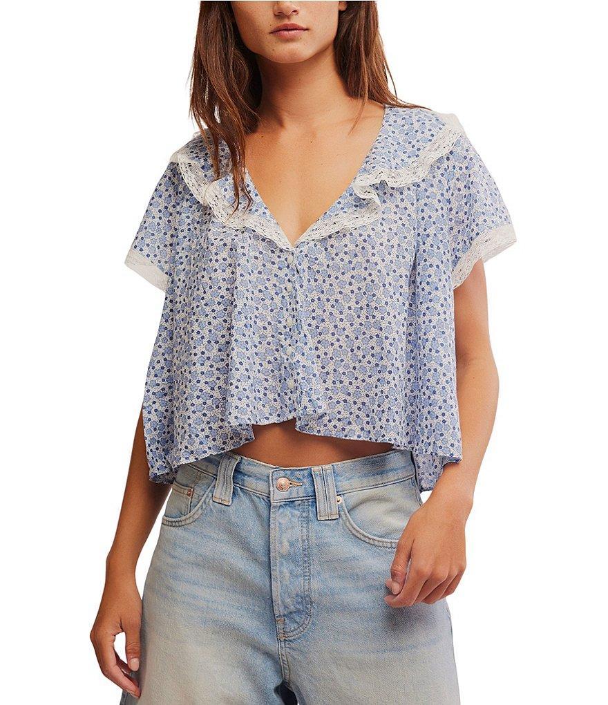 Free People Truly Yours Floral Print Split V Neck Short Sleeve Blouse Product Image