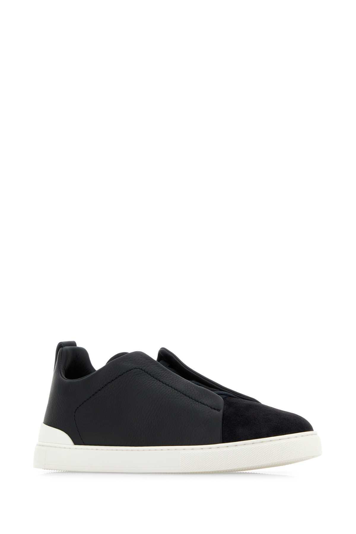 ZEGNA Navy Blue Leather Triple Stitch Slip Ons Product Image