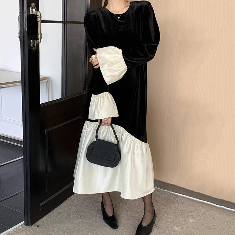 Long-Sleeve Round Neck Two Tone Ruffle Panel Velvet Midi Tunic Dress Product Image