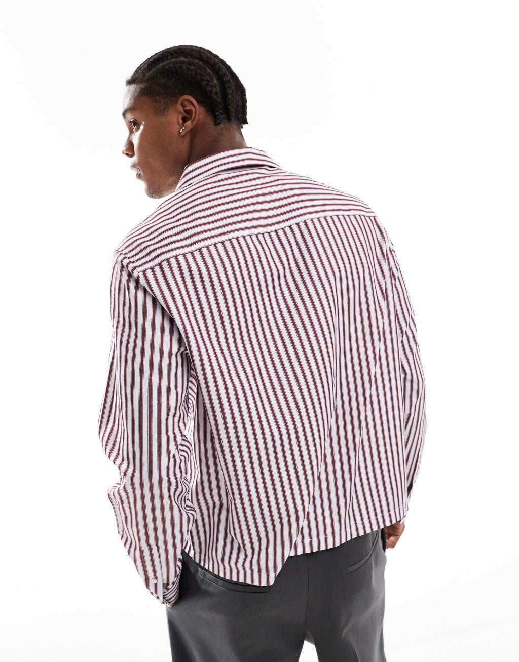 ASOS DESIGN boxy relaxed camp collar shirt in burgundy and pink stripe Product Image