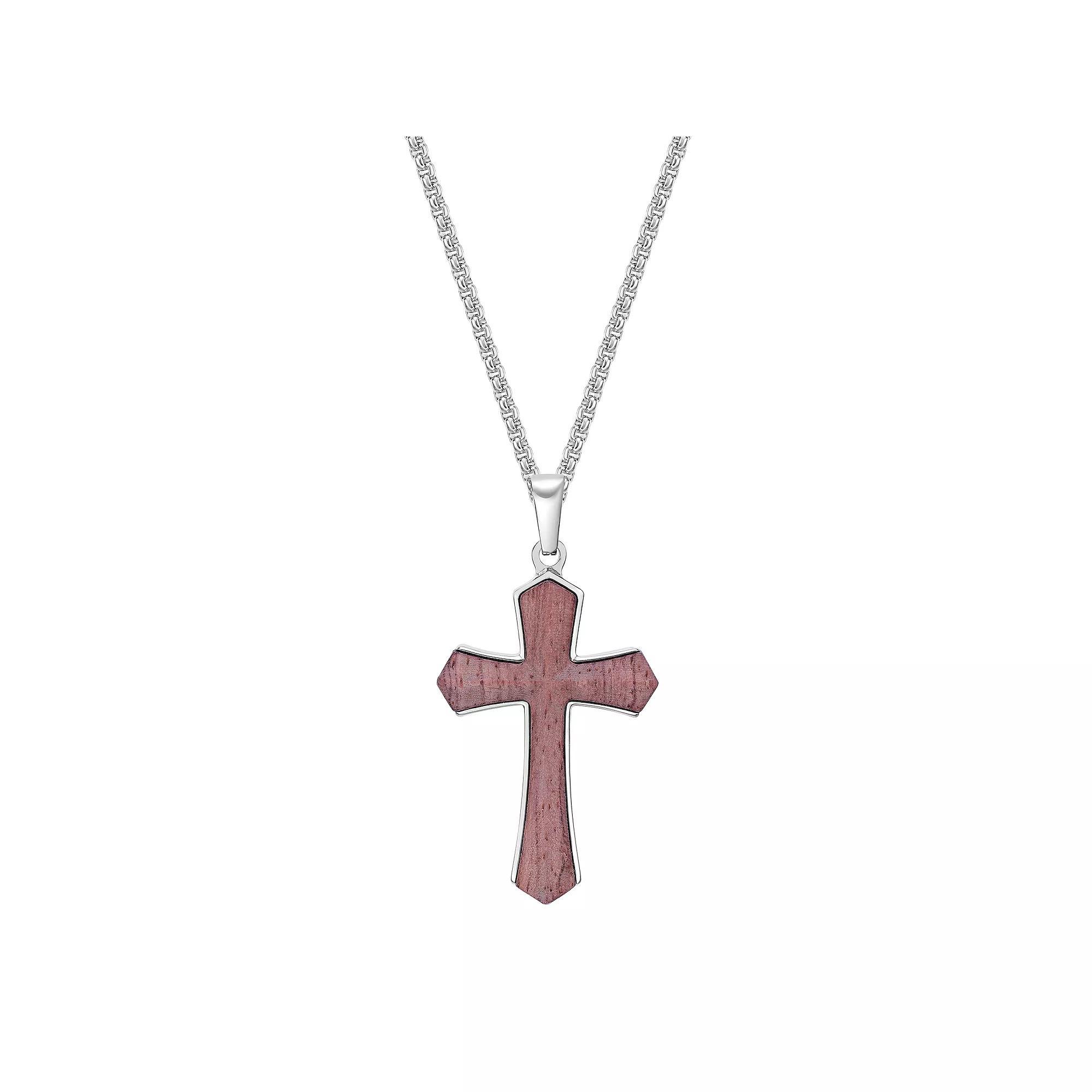 Men's LYNX Stainless Steel & Babinga Wood Cross Pendant Necklace, Size: 24" Product Image