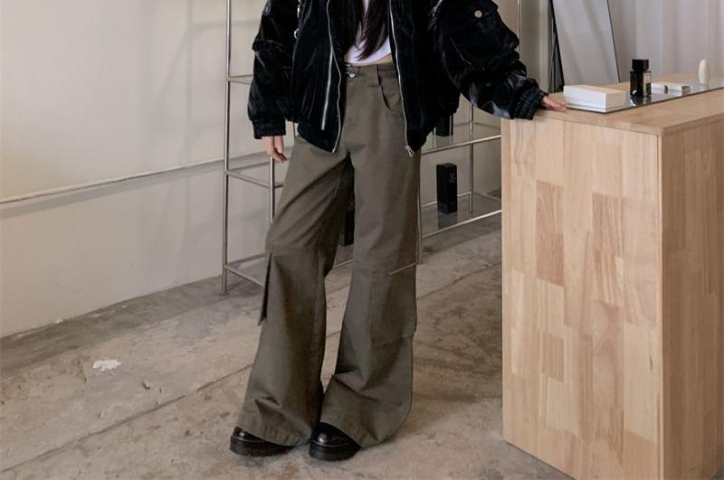 Stand Collar Plain Zip-Up Bomber Jacket / Mid Waist Wide Leg Cargo Jeans Product Image