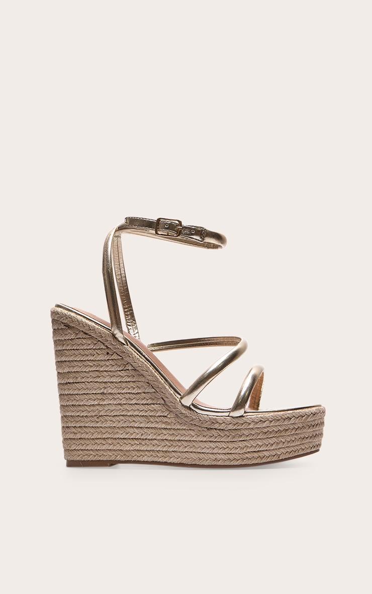 Gold Wide Fit PU Round Toe Asymmetric Strap Platform Heeled Wedges Product Image