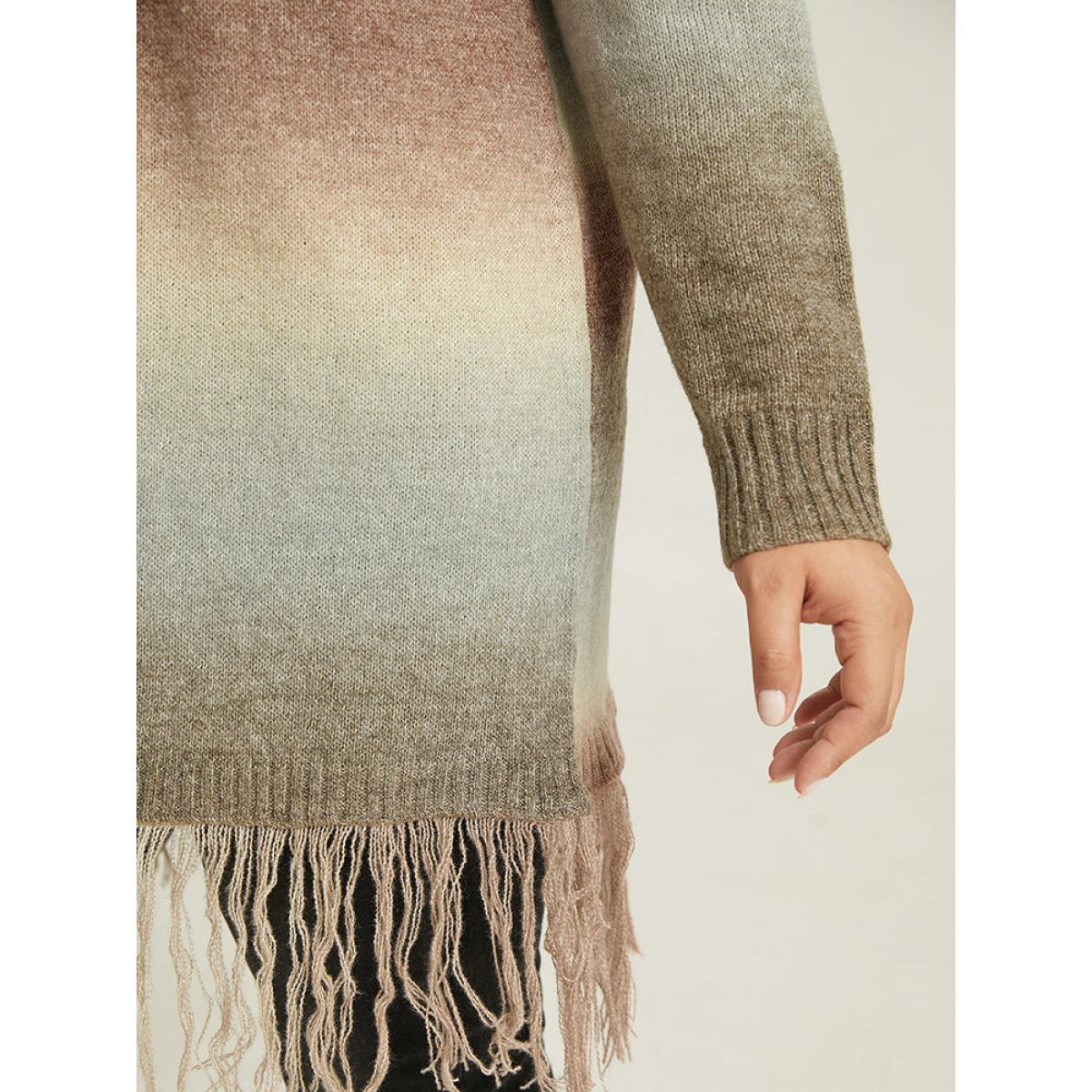 Plus Size Ombre Fringe Trim Open Front Cardigan Multicolor Women Casual Loose Long Sleeve Dailywear Cardigans BloomChic 12/L Product Image
