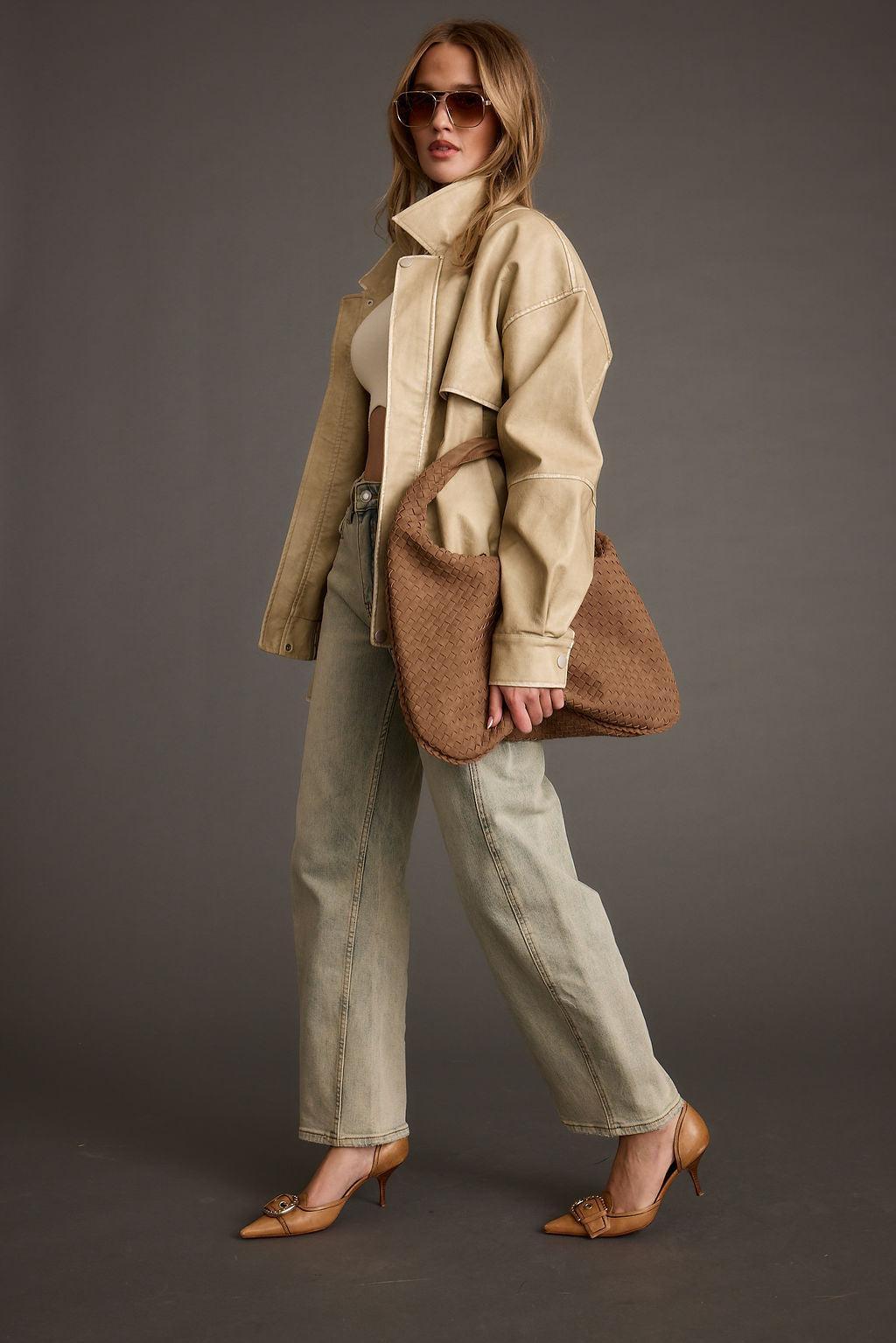 London Calling Light Taupe Oversized Faux Leather Jacket Product Image