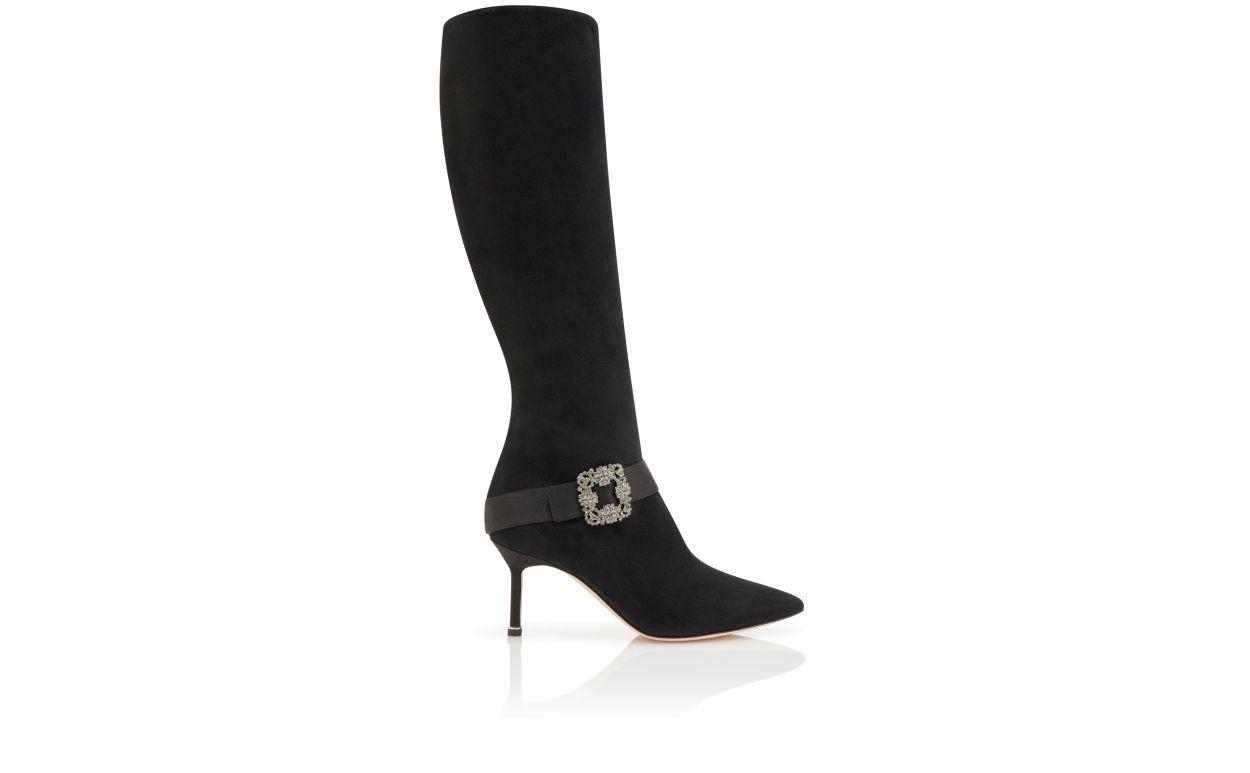 PLINIAHI Black Suede Jewel Buckle Knee High Boots  Product Image