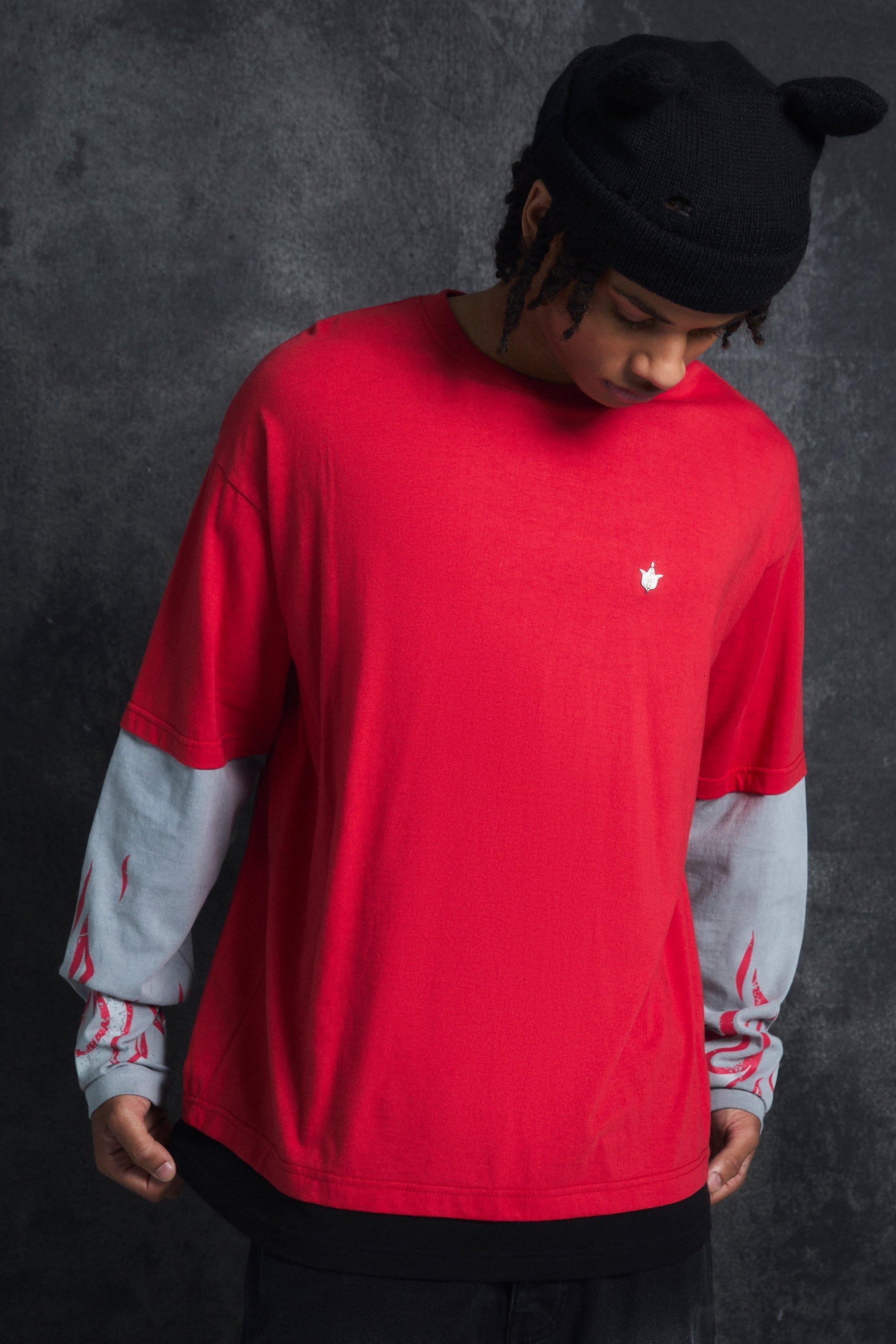 Mens Trippie Redd Oversized Boxy Heavy Washed Faux Layer Flame Print T-shirt - Cream Product Image