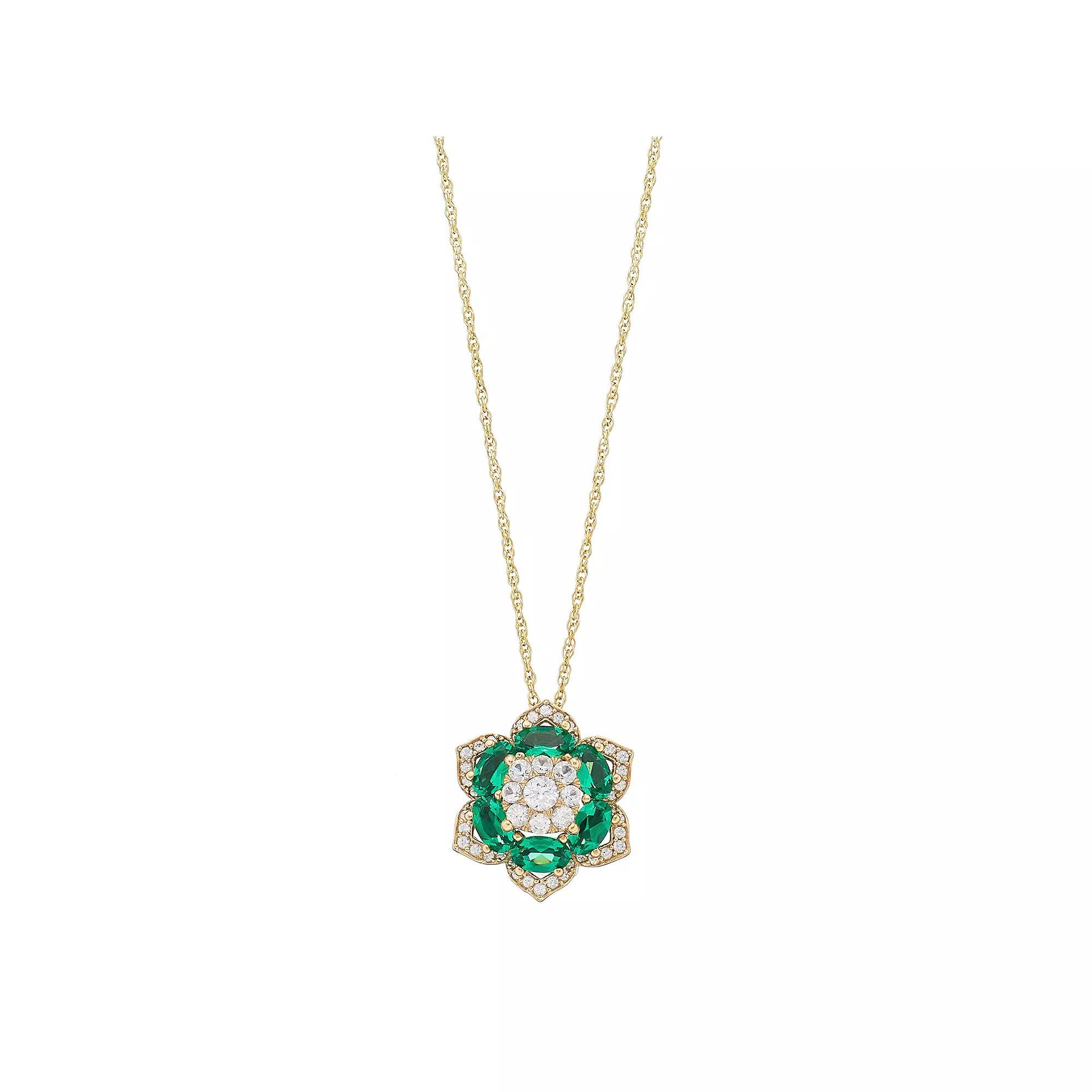 14k Gold Over Silver Lab-Created Emerald Flower Pendant Necklace, Women's, Size: 18", Gold Tone Product Image