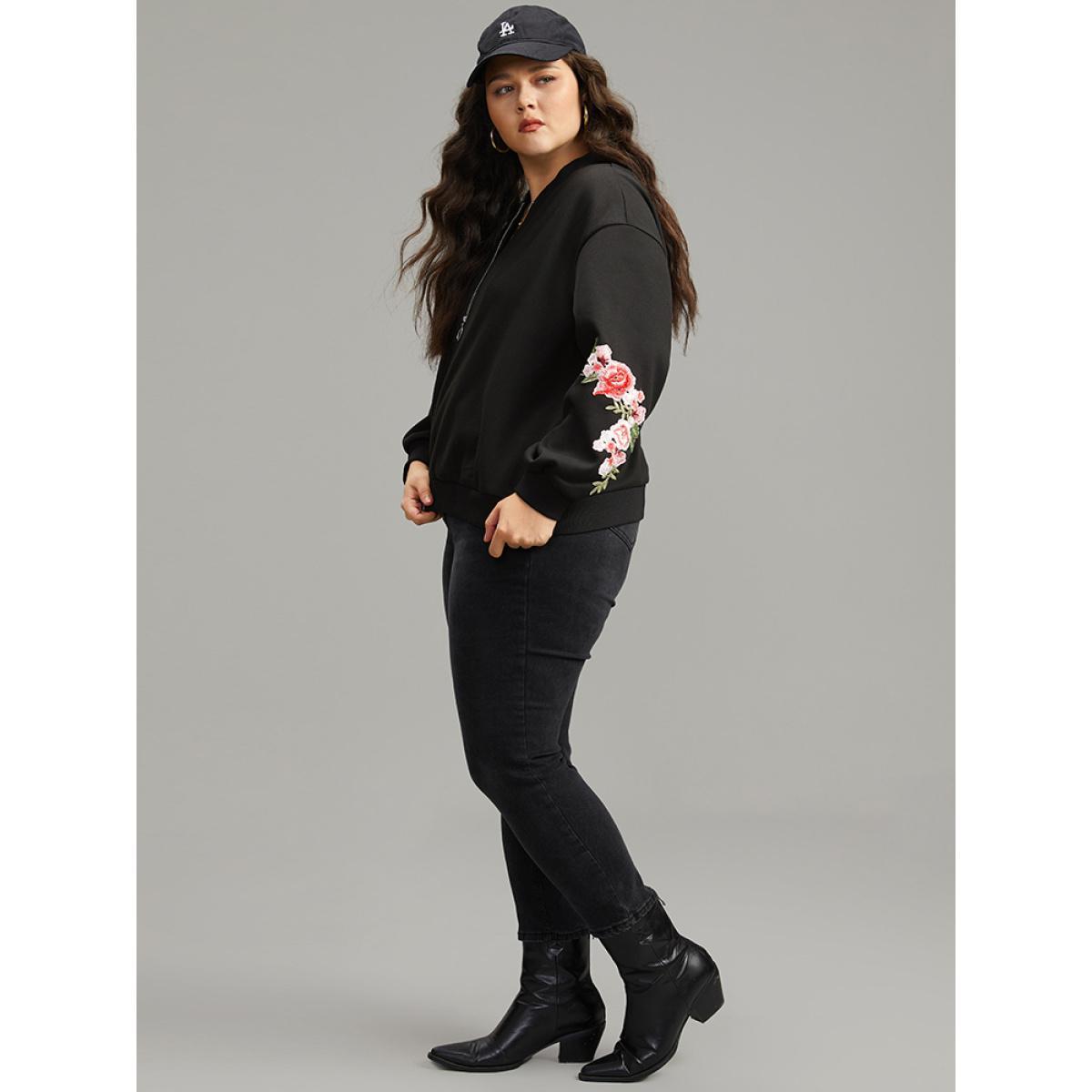 Plus Size Floral Embroidered O Ring Zipper Jacket Women Black Elastic cuffs Everyday Jackets BloomChic 14-16/1X Product Image