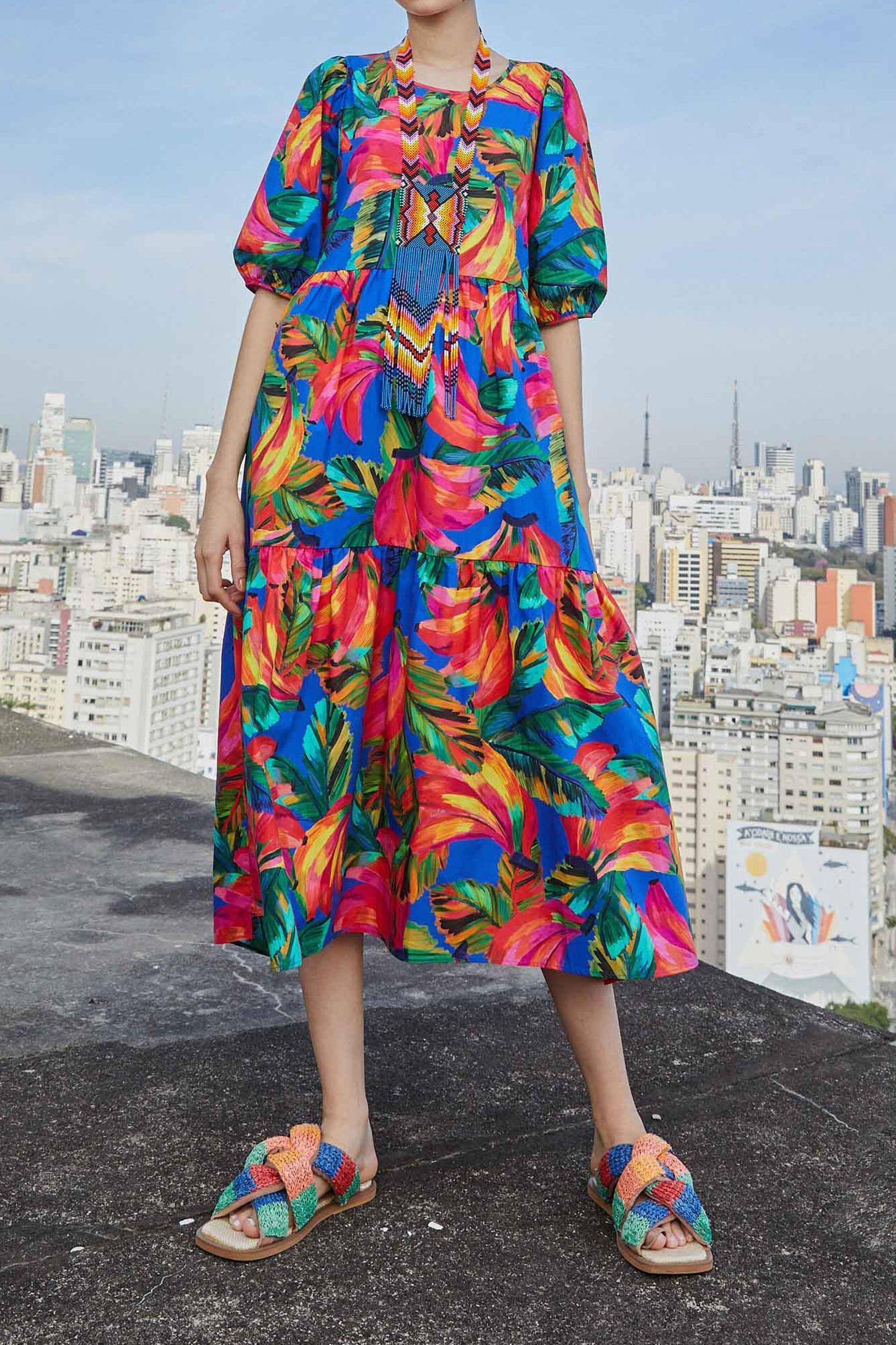 Blue Bananamix Puff Sleeve Midi Dress Product Image