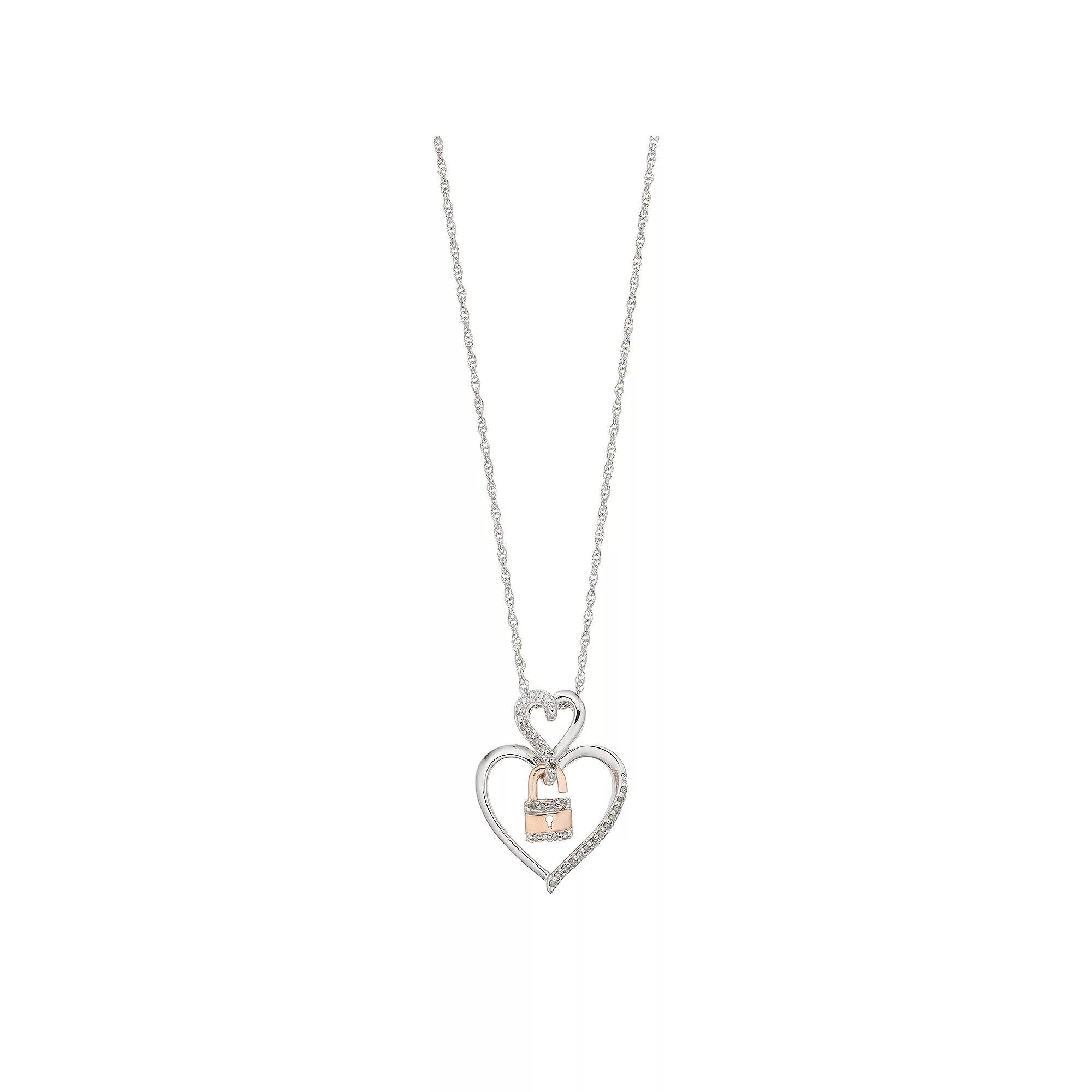 Two Tone Sterling Silver 1/10 Carat T.W. Diamond Heart & Lock Pendant Necklace, Women's, Size: 18" Product Image