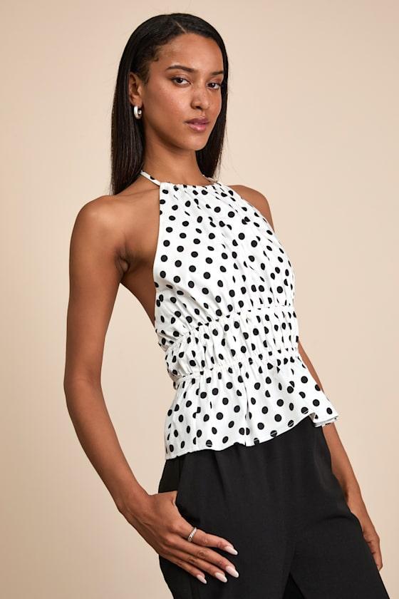 Maylis White Polka Dot Tie-Back Halter Peplum Top Product Image