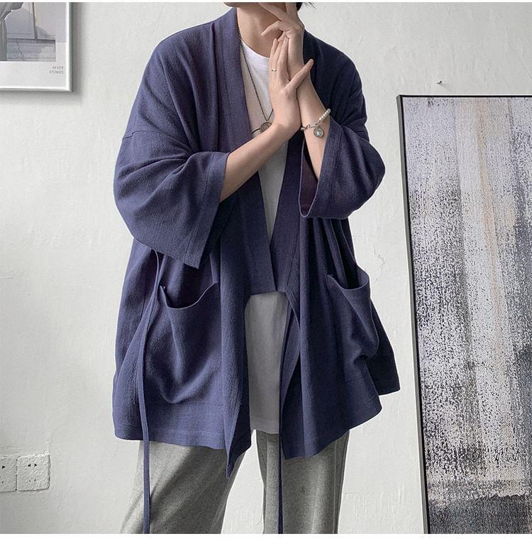 3/4-Sleeve Plain Open Front Kimono Jacket Product Image