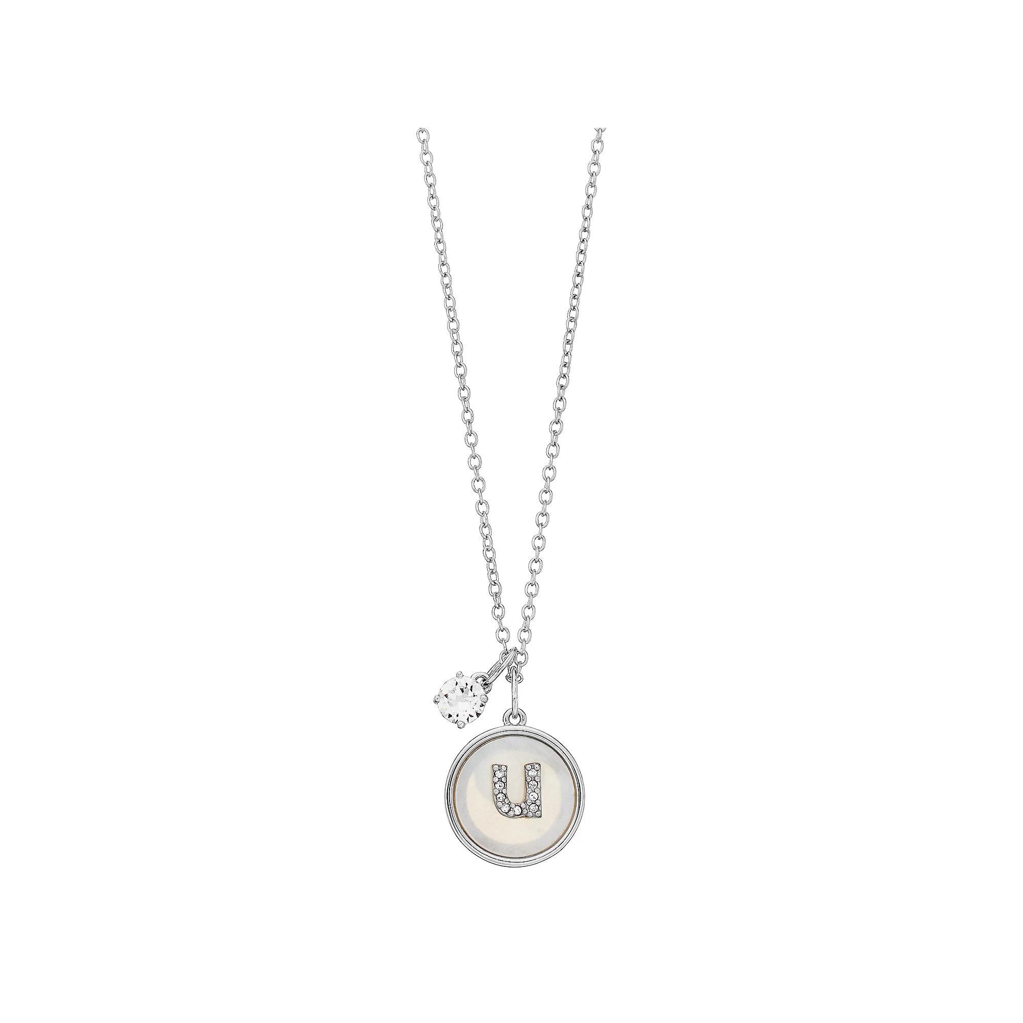 Brilliance Mother-of-Pearl Circle Initial Pendant Necklace, Womens U Product Image