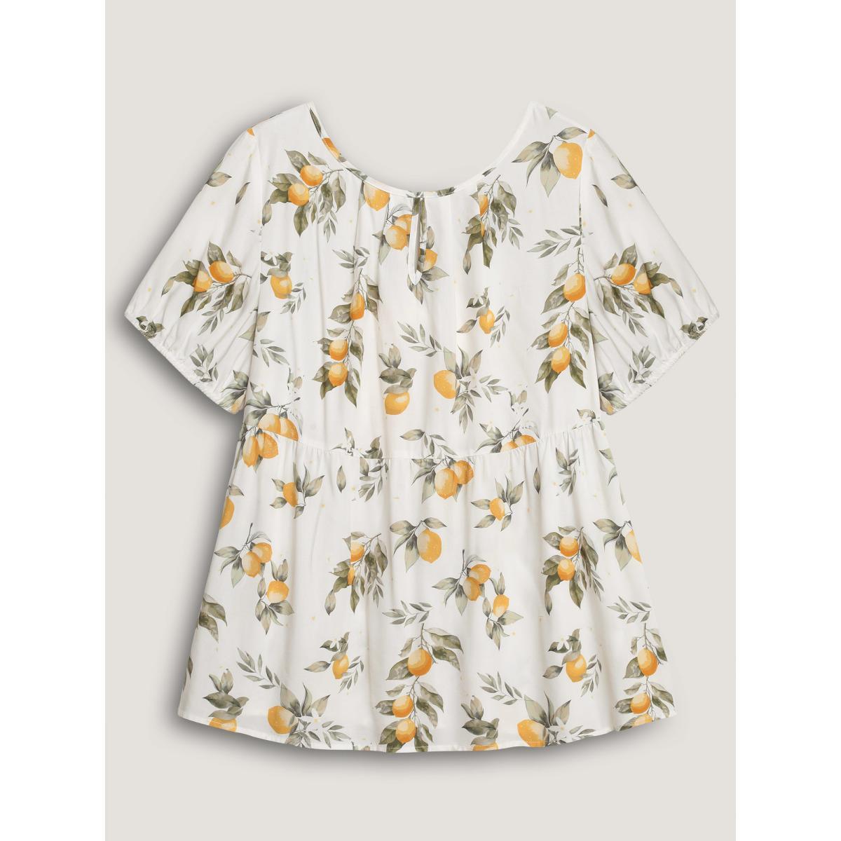 Plus Size Apricot Citrus Print Bow Backless Blouse Women Short sleeve Round Neck Everyday-Casual Blouses BloomChic 10/M Product Image