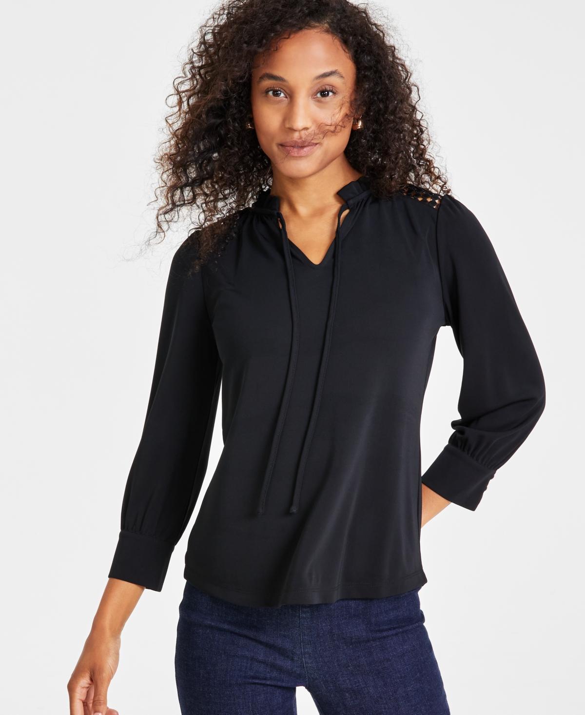 Anne Klein Womens Tie-Neck Lace-Shoulder Jersey Top Product Image