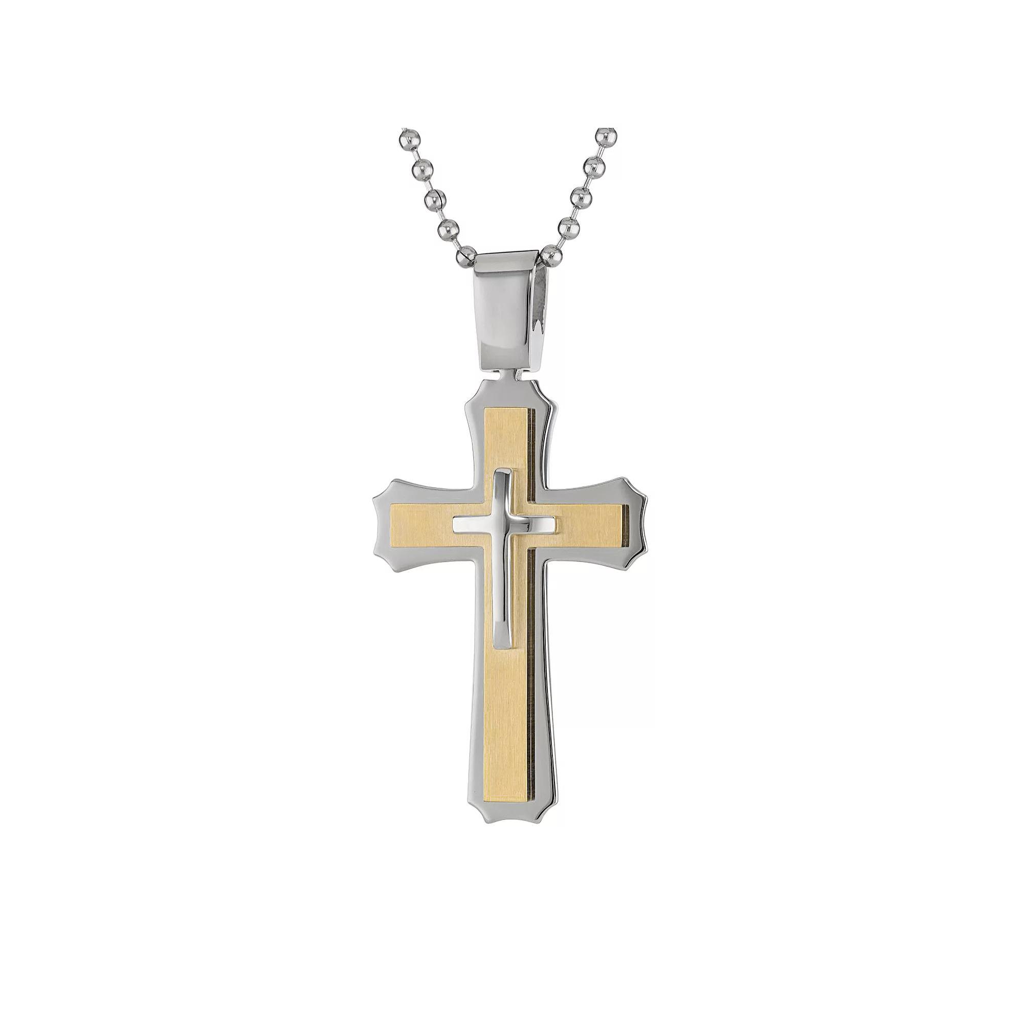 LYNX Two Tone Ion-Plated Stainless Steel Cross Pendant - Men, Men's, Size: 22", Yellow Product Image