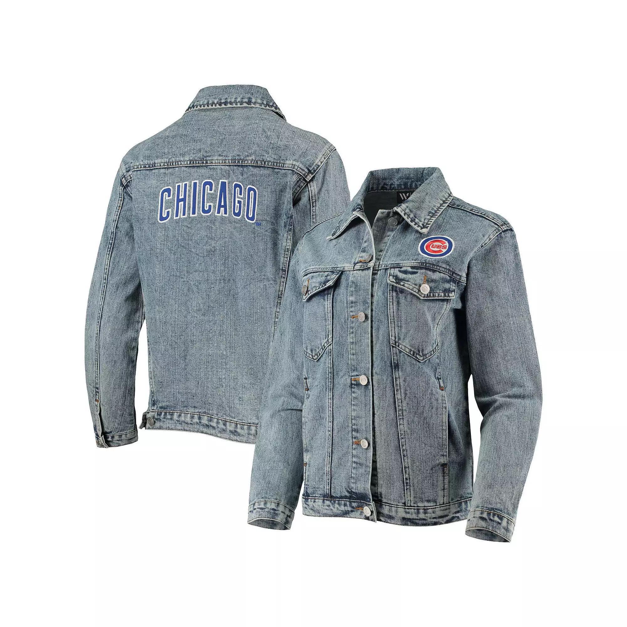 Women's The Wild Collective Chicago Cubs Team Patch Denim Button-Up Jacket, Size: Medium, Blue Product Image