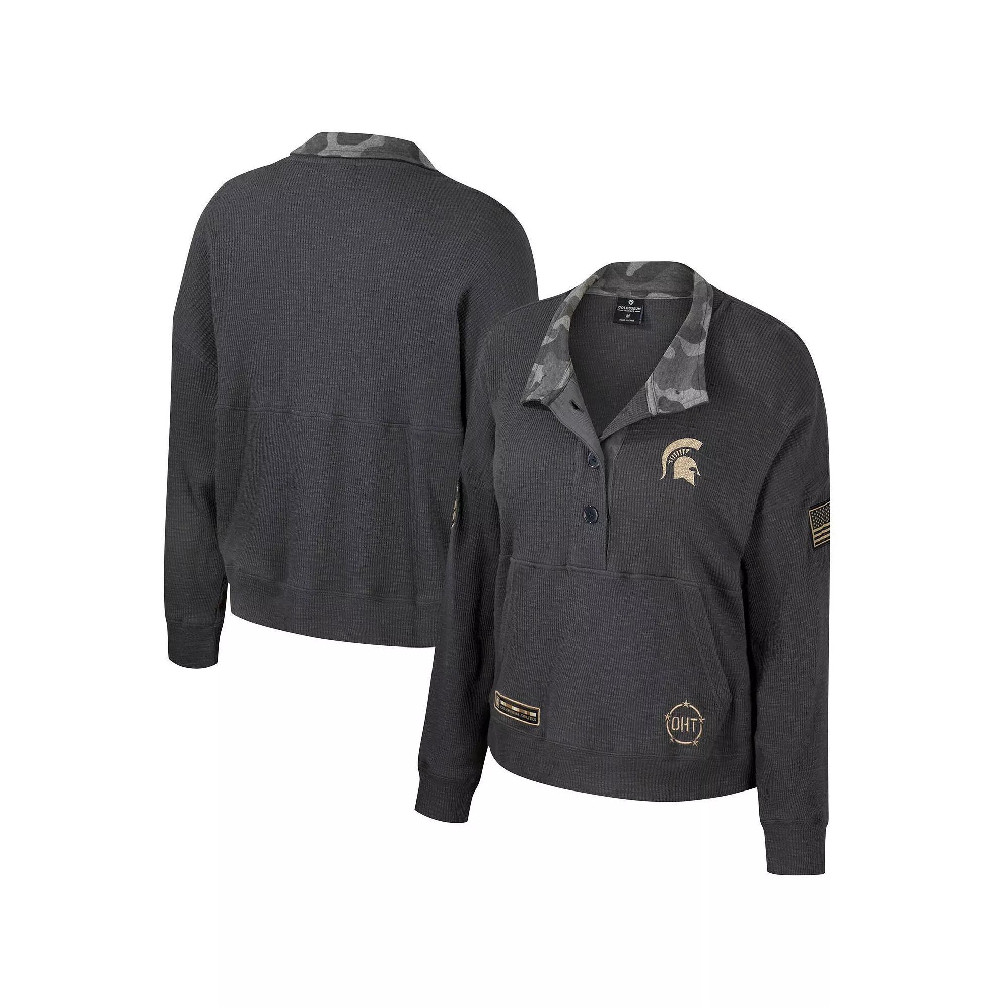 Women's Colosseum  Heather Charcoal Michigan State Spartans OHT Military Appreciation Payback Henley Thermal Sweatshirt, Size: Medium Product Image