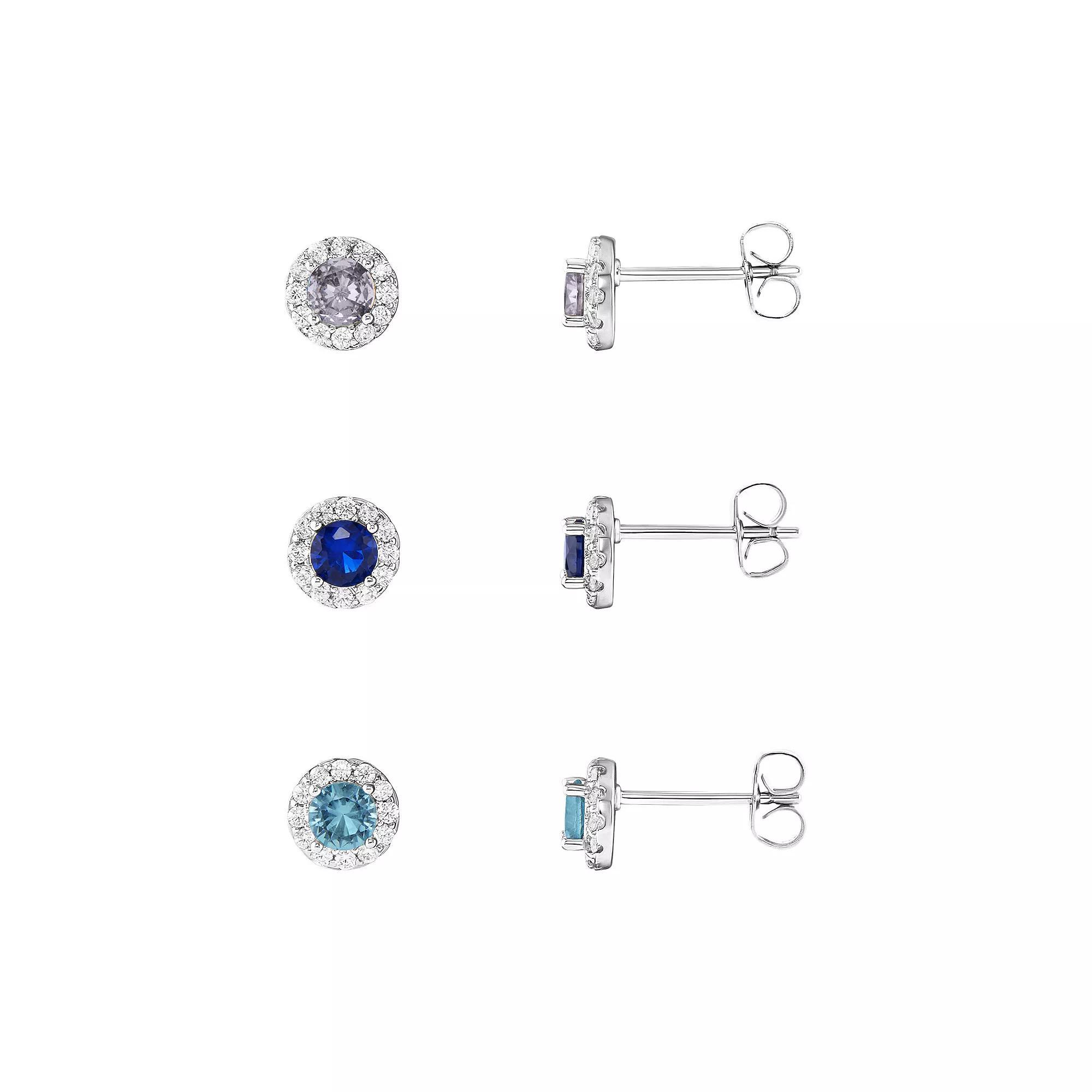 PRIMROSE Fine Silver Plated Multi Color Cubic Zirconia Gemstone Stud Earring Trio Set, Women's, Silver Tone Product Image