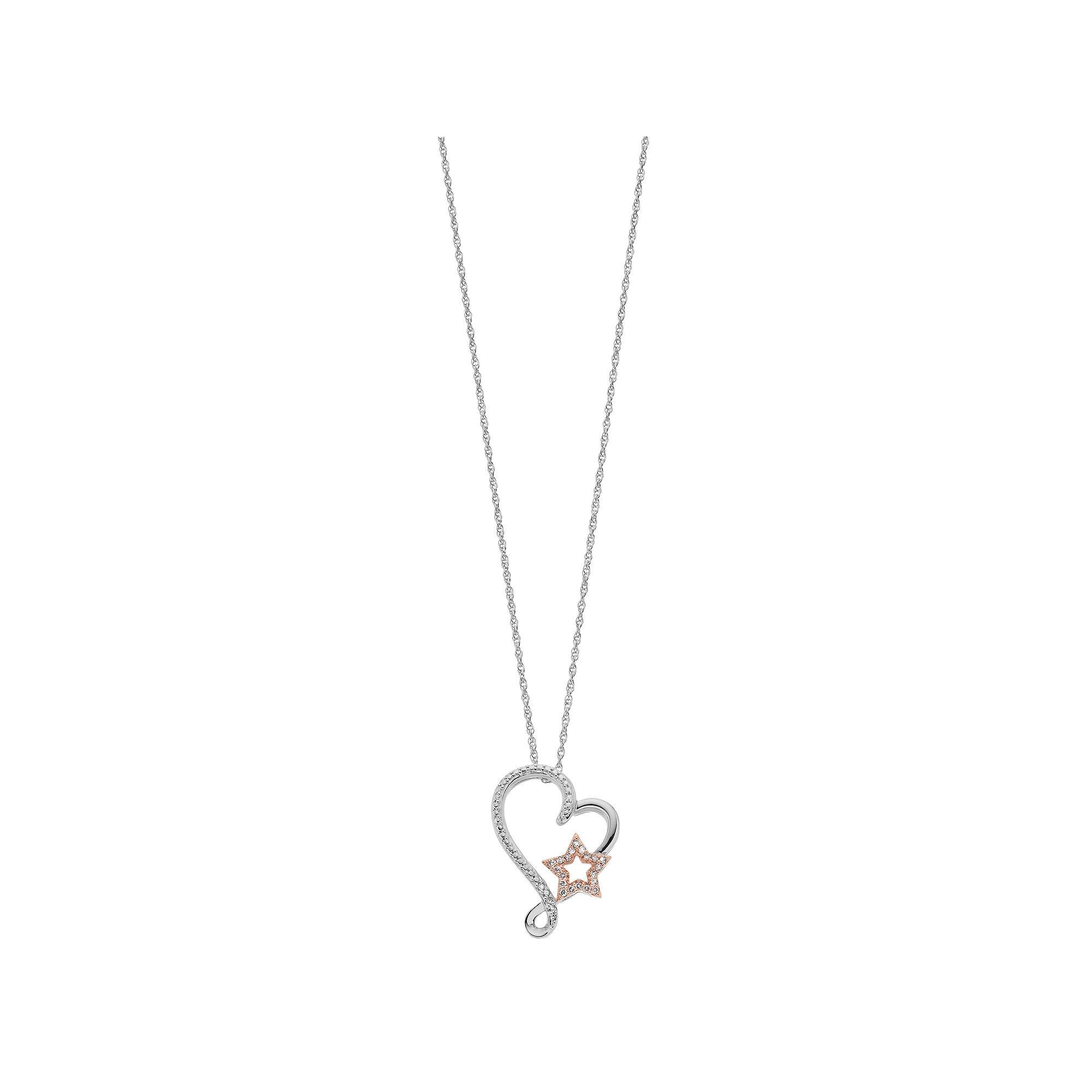 Two Tone Sterling Silver 1/10 Carat T.W. Diamond Heart & Star Pendant Necklace, Women's, Size: 18" Product Image