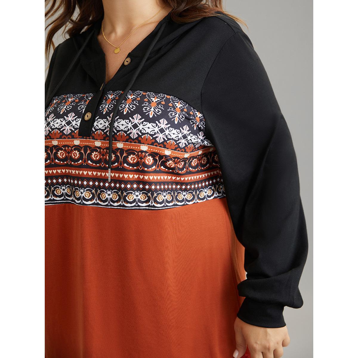 Plus Size Contrast Bandana Button Up Hooded T-shirt Multicolor Women Casual Contrast Bohemian Print Hooded Dailywear T-shirts BloomChic 22-24/3X Product Image