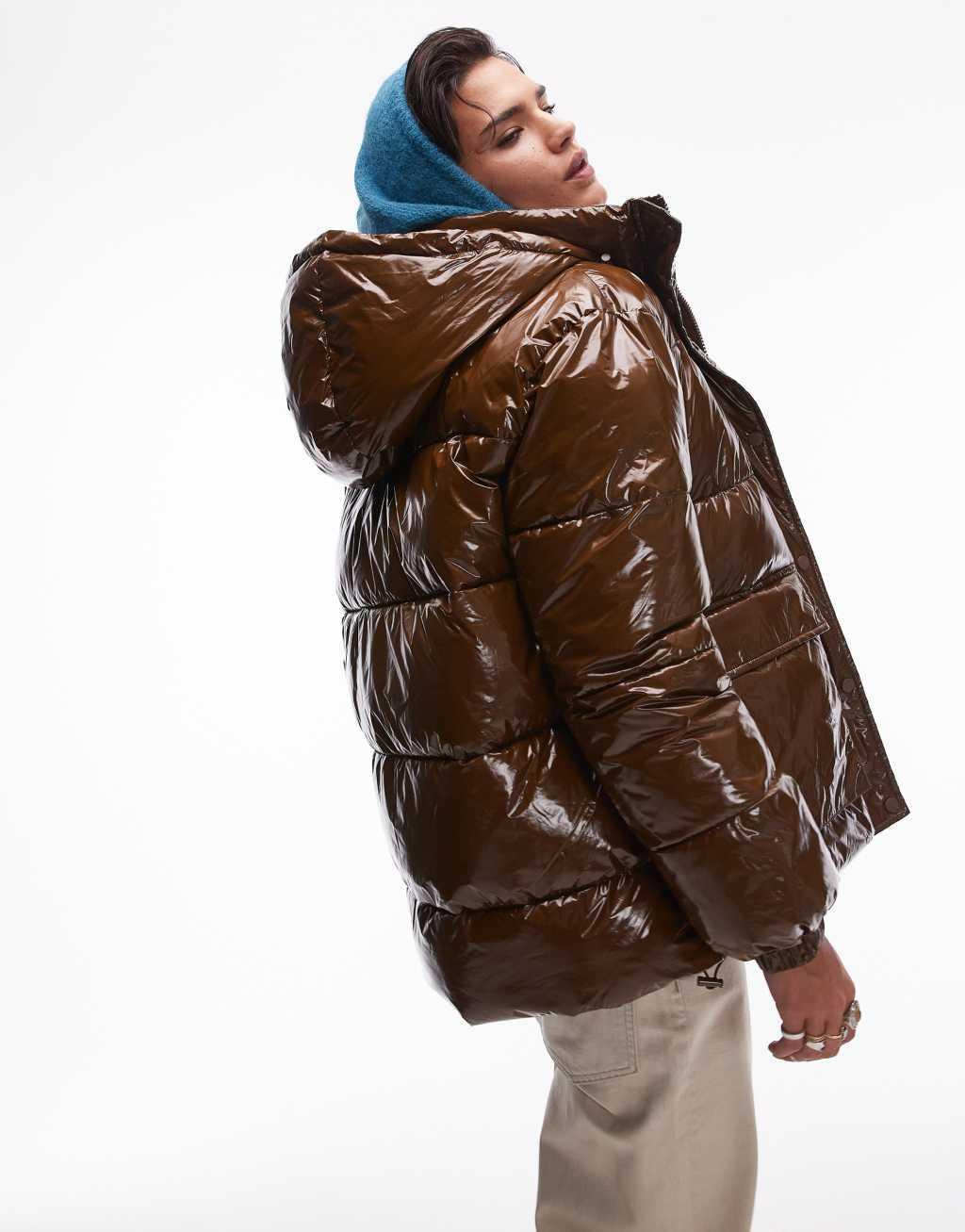 Topshop puffer bomber jacket in choc Product Image