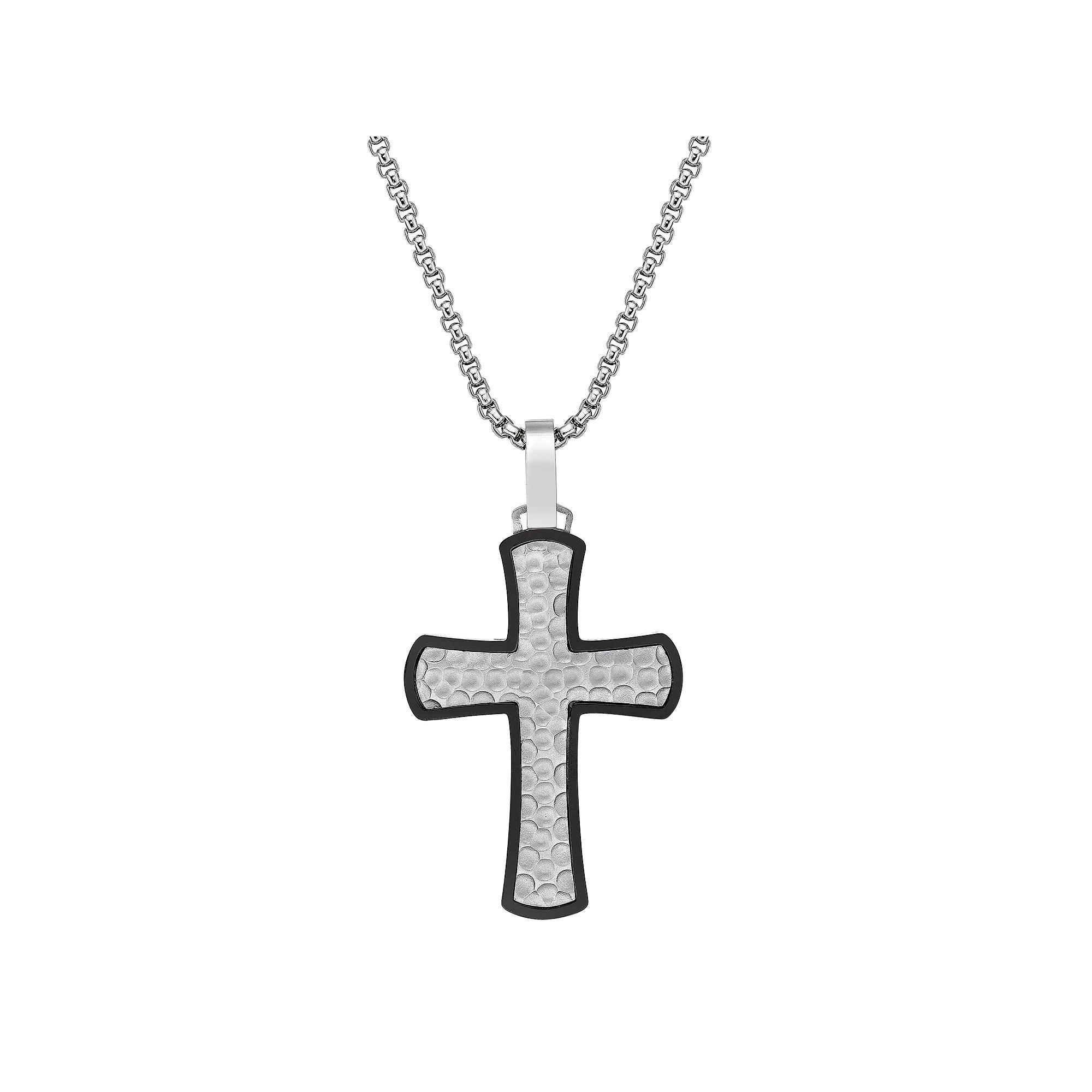 LYNX Men's Black Ion-Plated Hammered Stainless Steel Cross Pendant Necklace, Size: 24", Two Tone Product Image