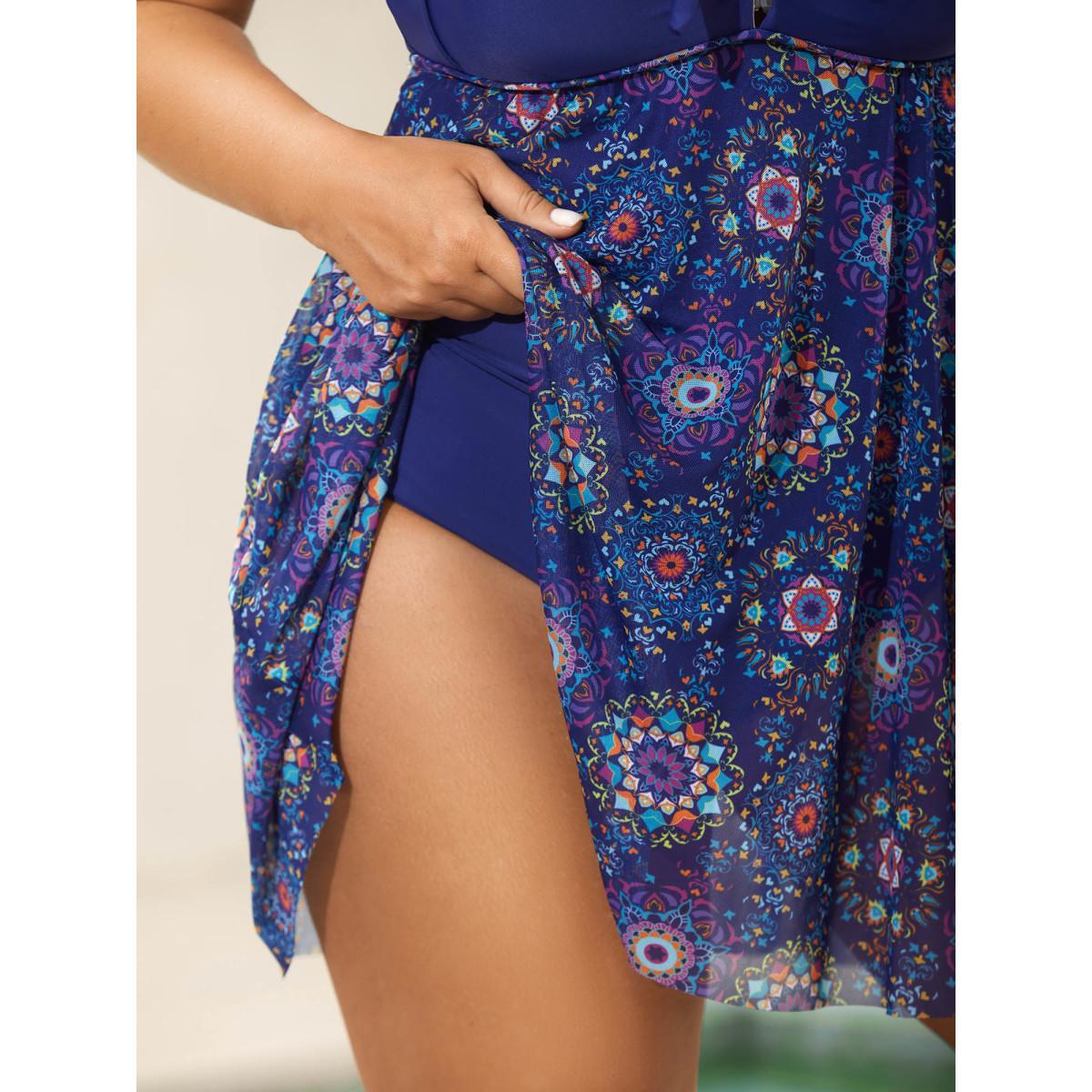 Plus Size Tie-Front Sheer Boho Print Swim Dress Women's Swimwear DarkBlue Beach Bodycon Heart neckline High stretch Curve Swim Dresses BloomChic 22-24/3X Product Image
