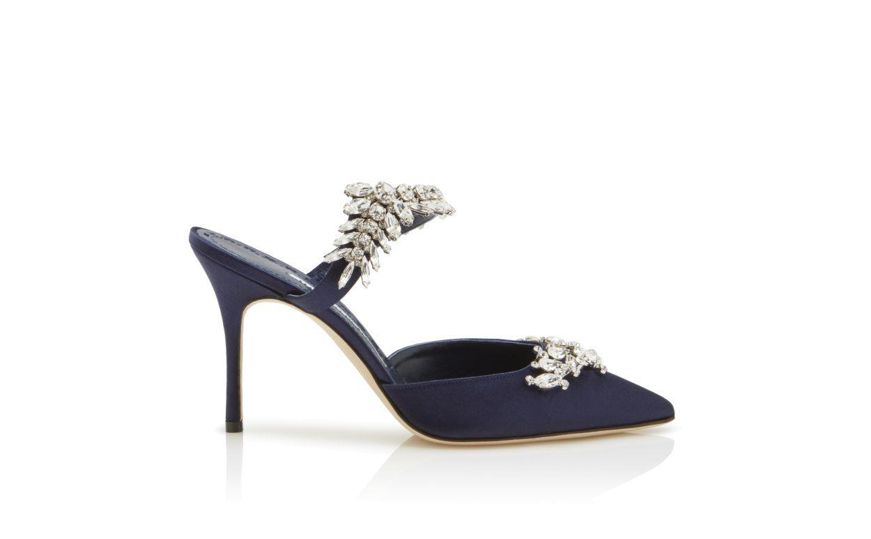 LURUM Navy Satin Crystal Embellished Mules Product Image