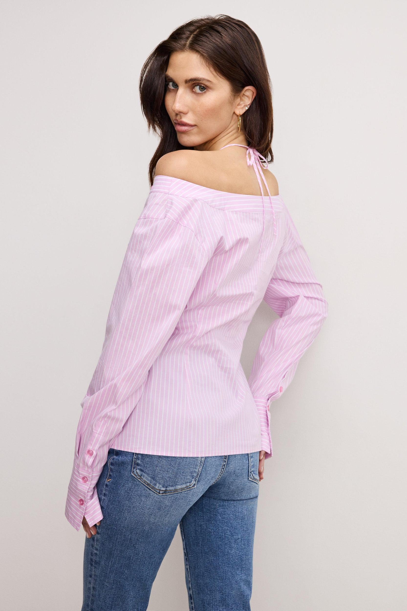 POPLIN OFF SHOULDER TOP | PINK FLORA STRIPE001 Product Image