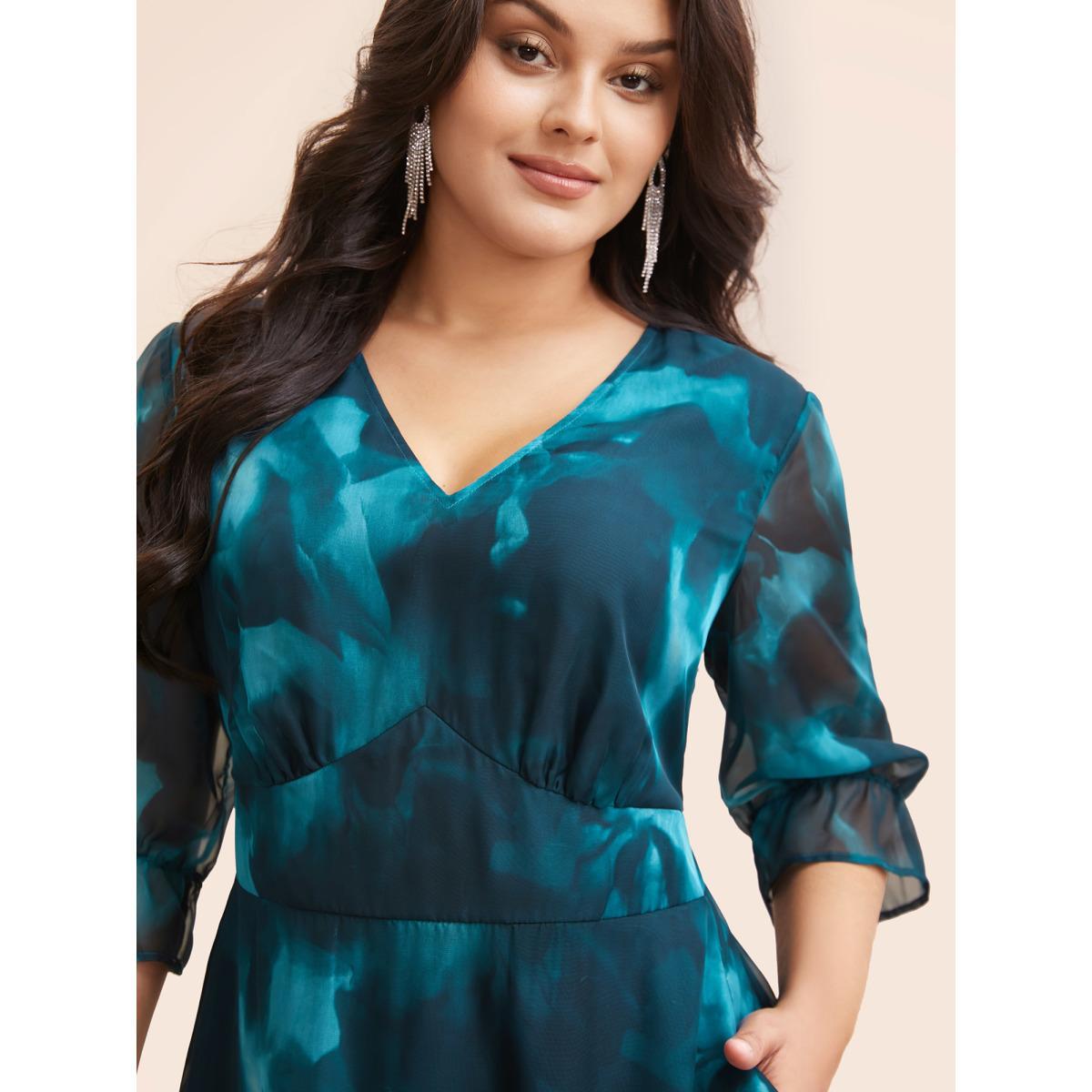 Plus Size Water Ripple Print Mesh Ruffles Shirred Dress Aegean Women Cocktail See through Party Curvy Bloomchic 30/6X Product Image