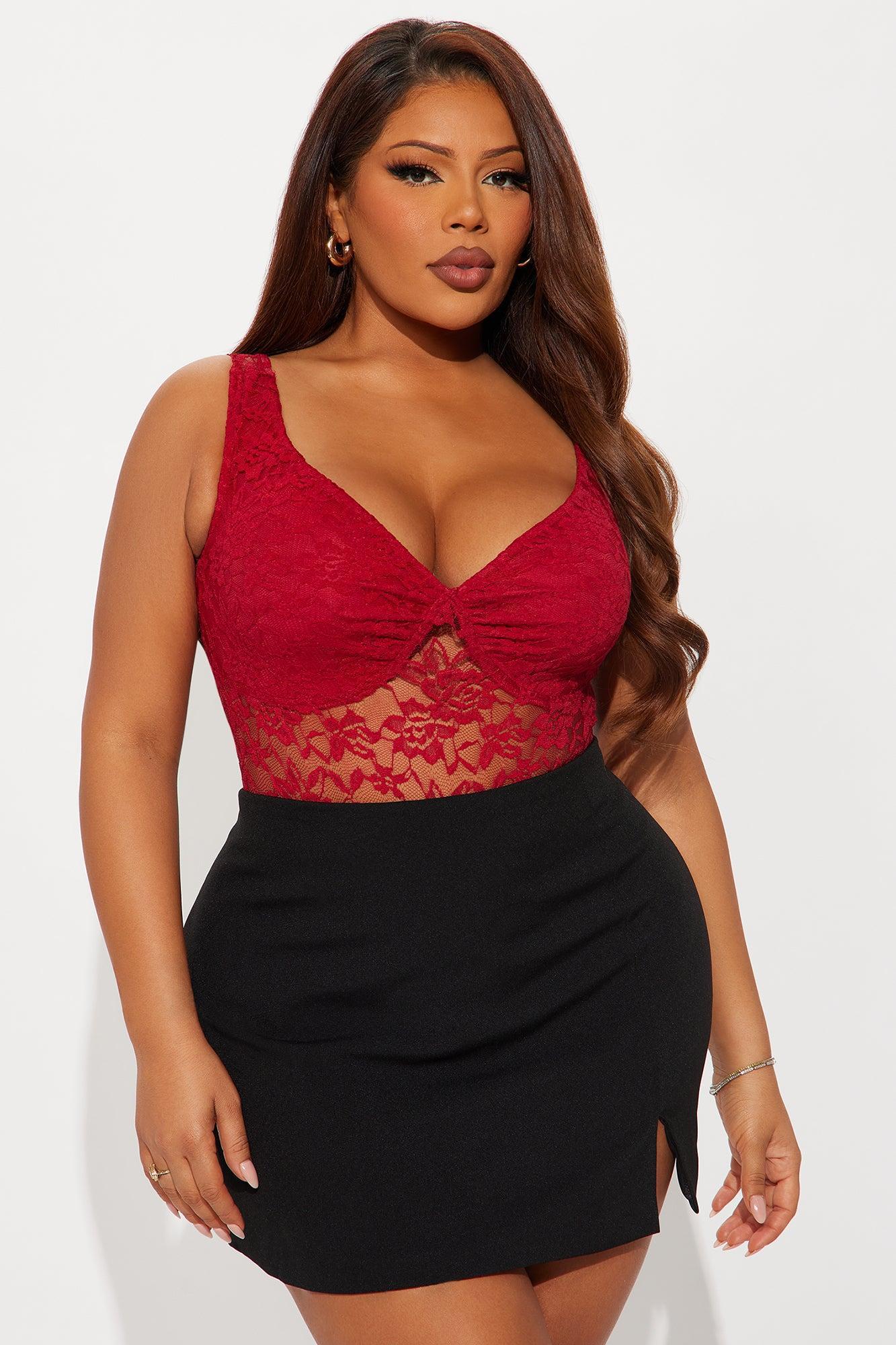 Tiria Sheer Lace Bodysuit - Red Product Image