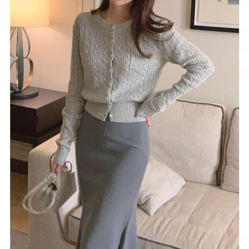 Round Neck Plain Cable Knit Cardigan Product Image