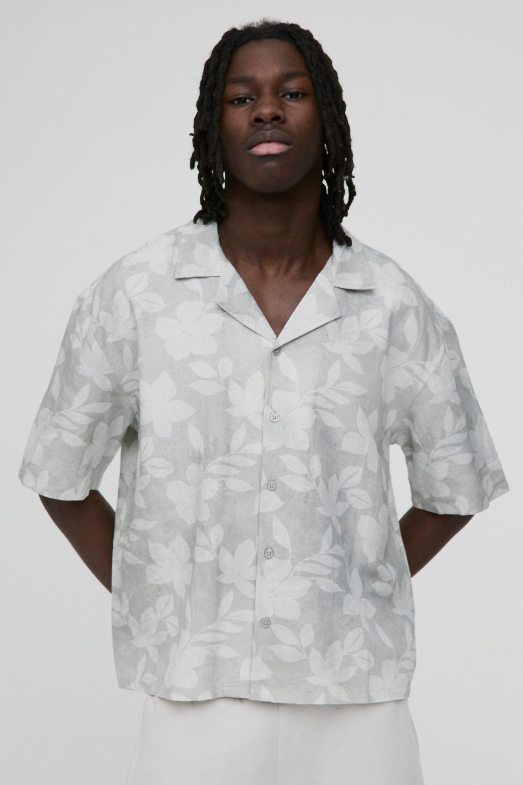 Oversized Floral Print Linen Blend Shirt | boohooMAN USA Product Image