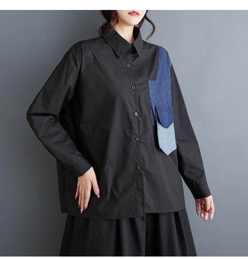 Long-Sleeve Denim Patchwork Shirt Product Image