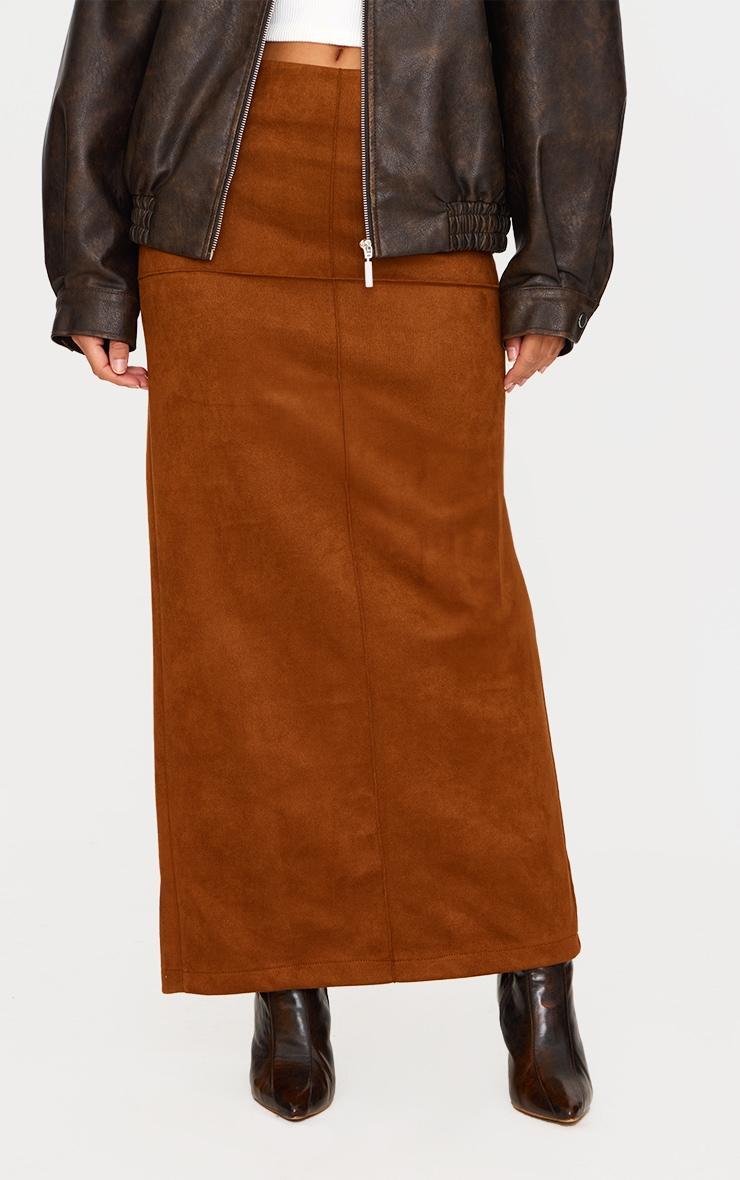 Camel Faux Suede Seam Detail Column Maxi Skirt Product Image